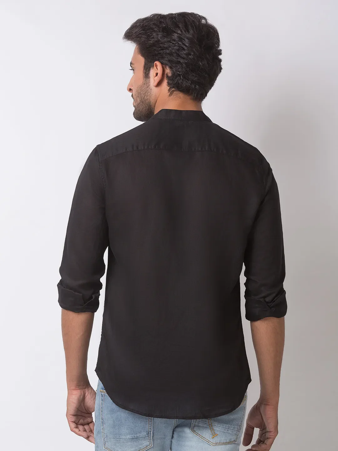 Black Slim Straight Fit Mandarin Collar Long Sleeves Cotton Men's Shirt by Being Human Clothing - Image 4