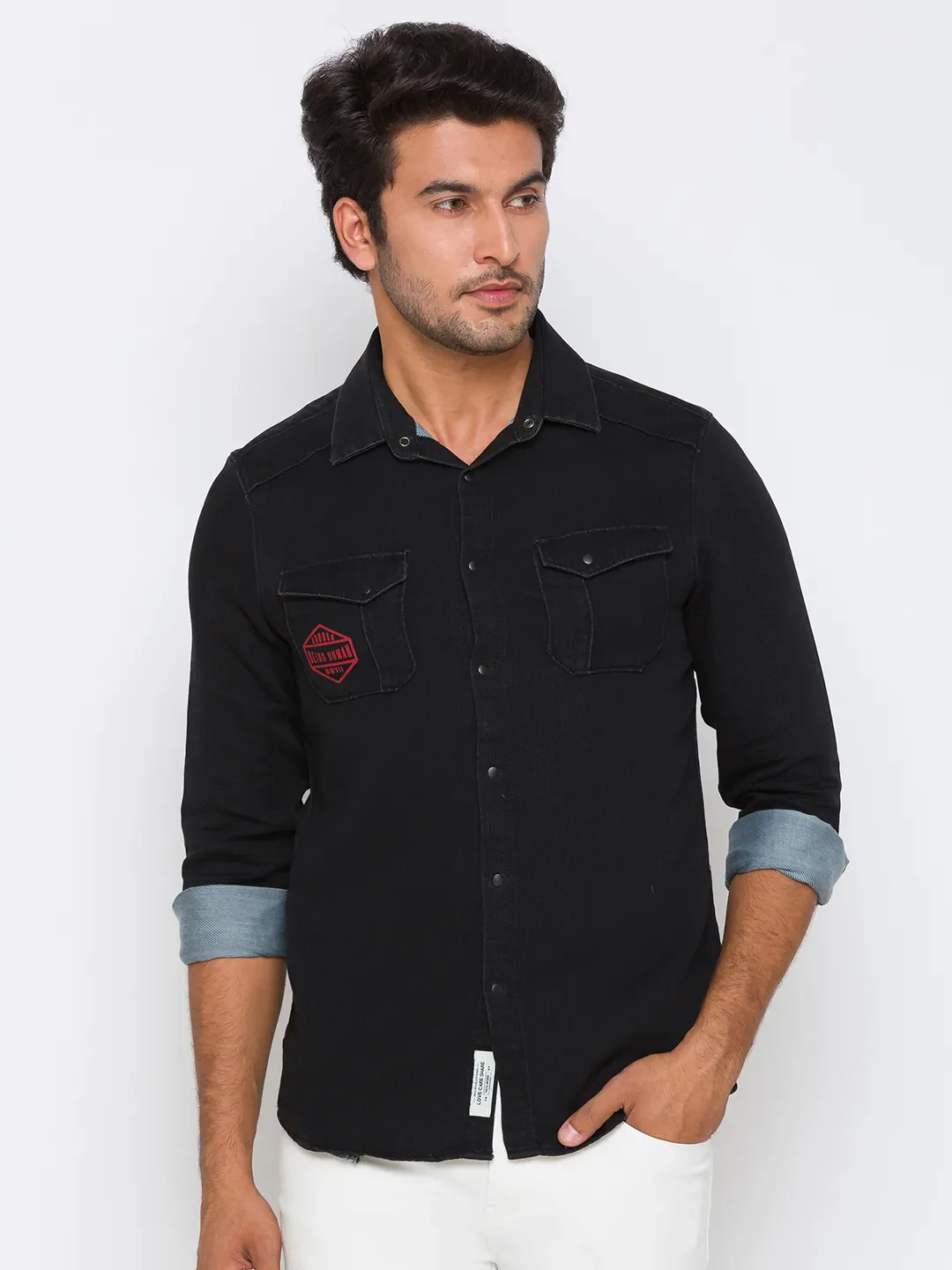 Black Slim Straight Fit Regular Collar Long Sleeves Cotton Men's Shirt by Being Human Clothing
