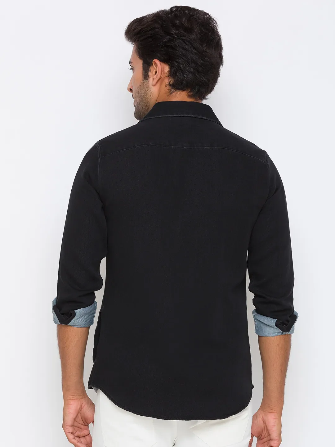 Black Slim Straight Fit Regular Collar Long Sleeves Cotton Men's Shirt by Being Human Clothing - Image 3