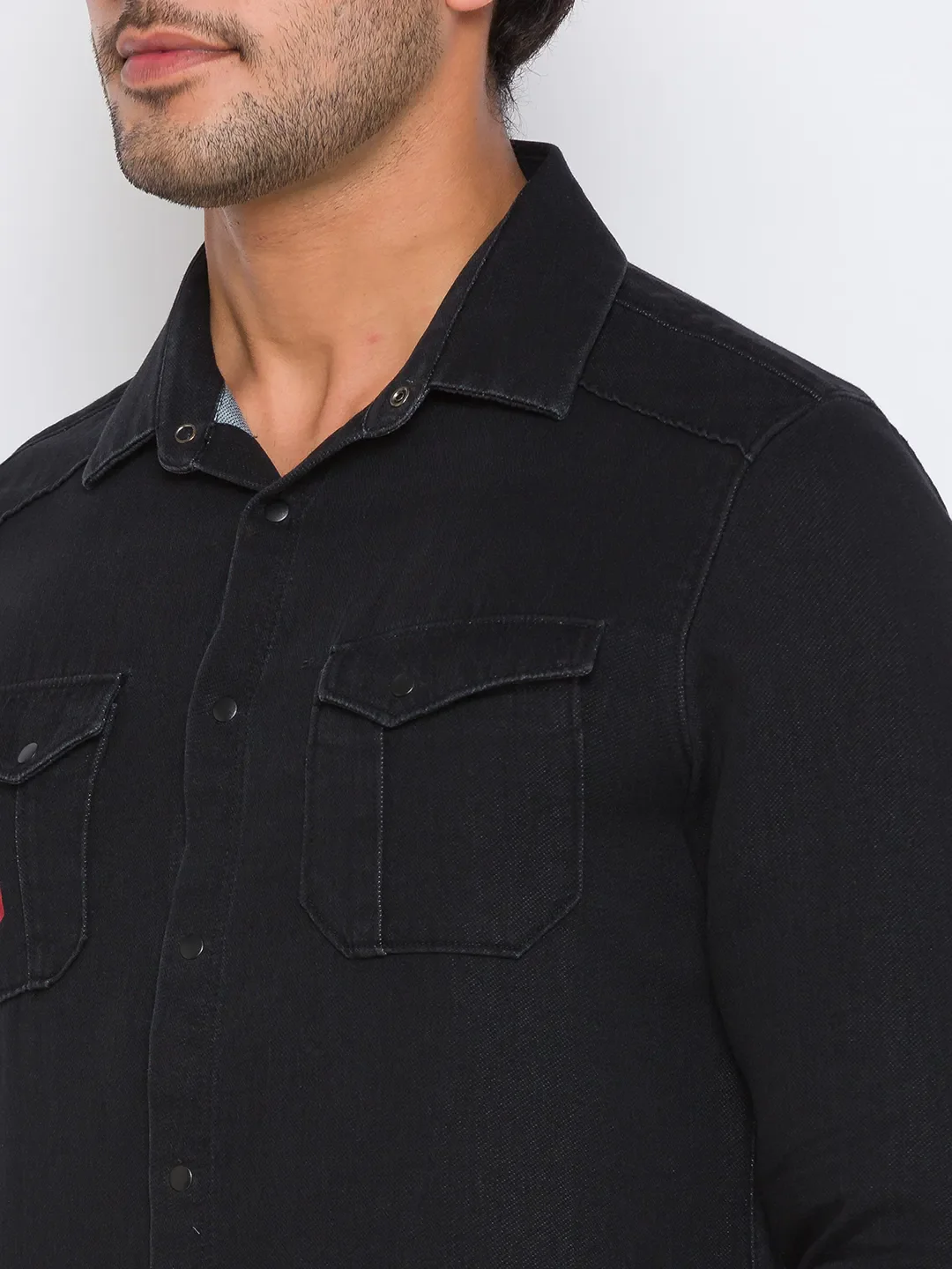 Black Slim Straight Fit Regular Collar Long Sleeves Cotton Men's Shirt by Being Human Clothing - Image 4