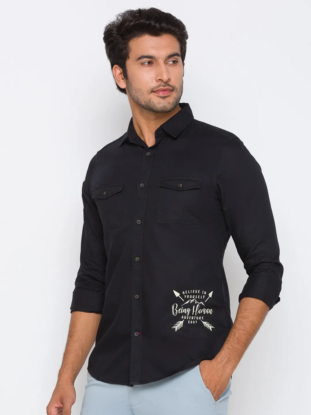 Black Slim Straight Fit Regular Collar Long Sleeves Cotton Men's Shirt by Being Human Clothing - Image 2