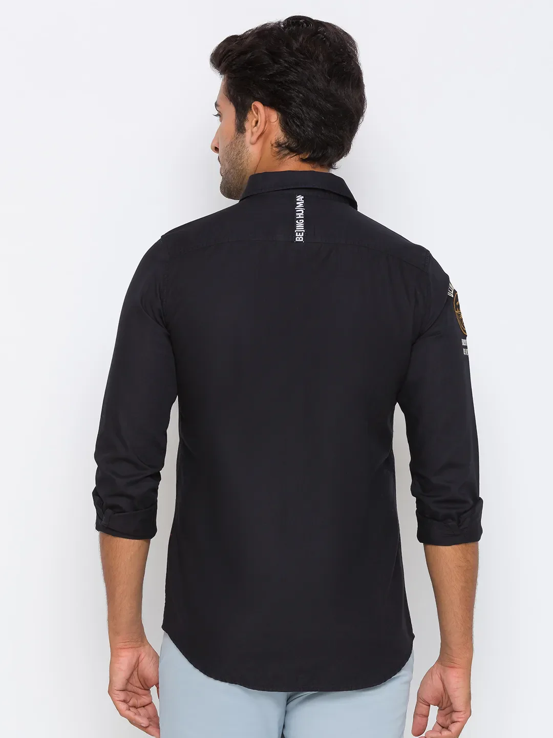 Black Slim Straight Fit Regular Collar Long Sleeves Cotton Men's Shirt by Being Human Clothing - Image 3