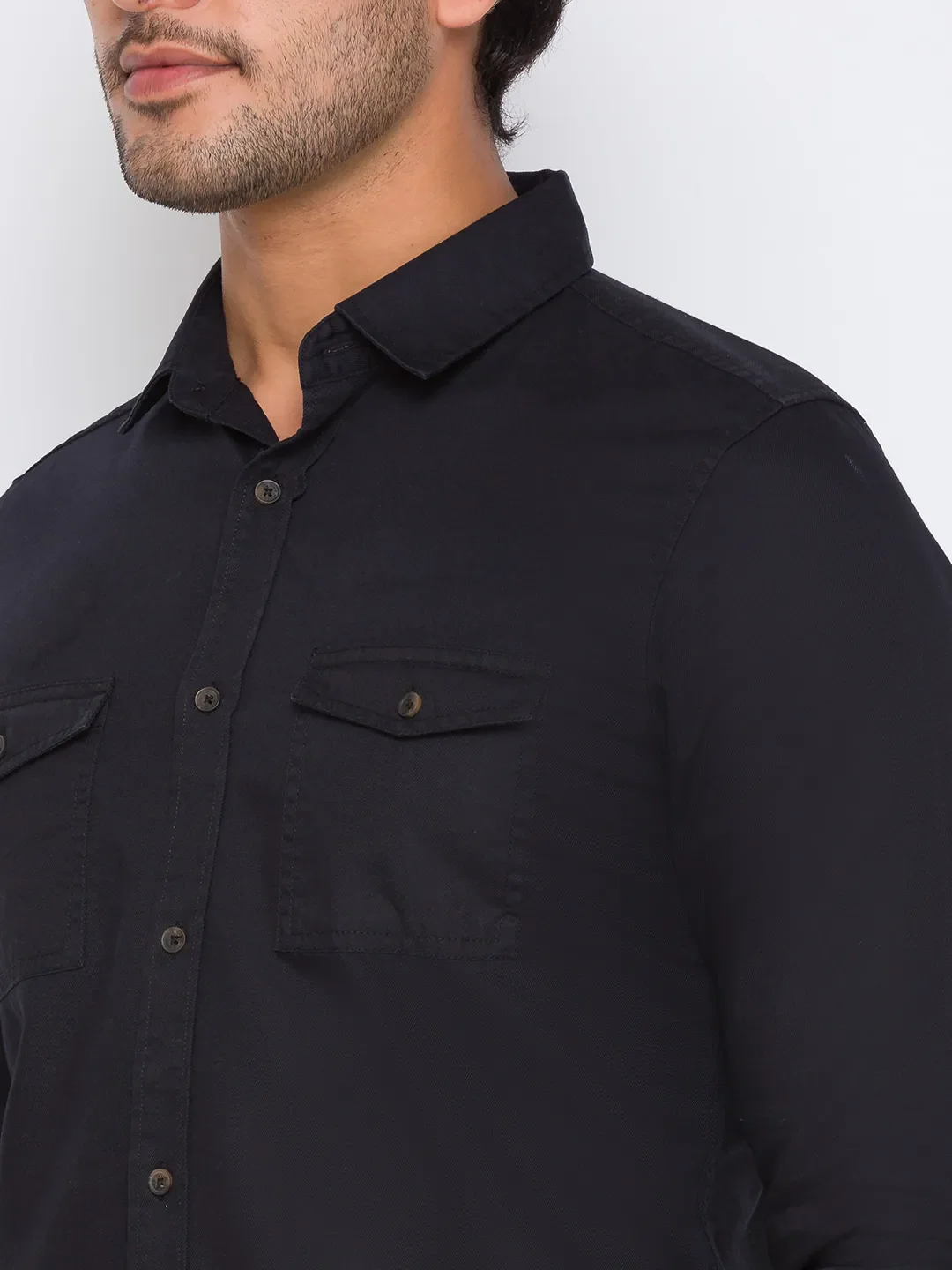Black Slim Straight Fit Regular Collar Long Sleeves Cotton Men's Shirt by Being Human Clothing - Image 4