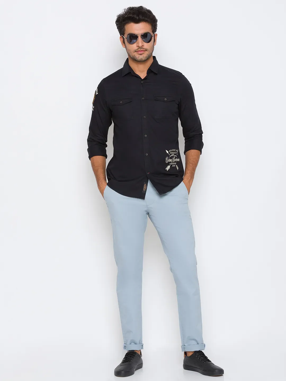 Black Slim Straight Fit Regular Collar Long Sleeves Cotton Men's Shirt by Being Human Clothing - Image 5