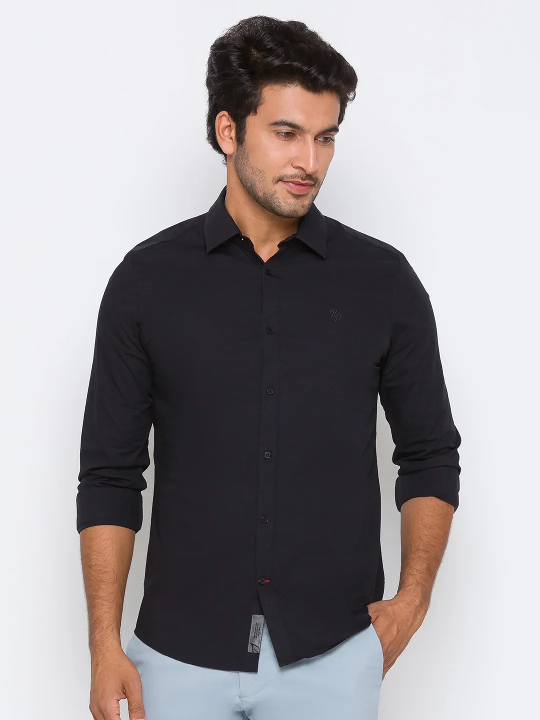 Black Slim Straight Fit Regular Collar Long Sleeves Cotton Men's Shirt by Being Human Clothing