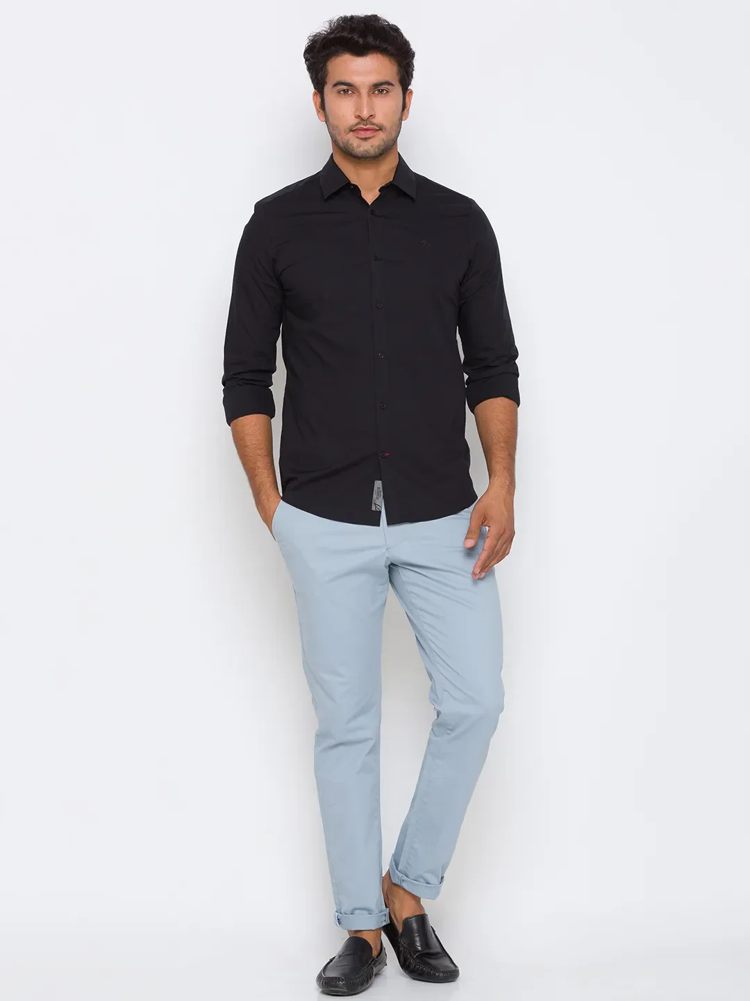 Black Slim Straight Fit Regular Collar Long Sleeves Cotton Men's Shirt by Being Human Clothing - Image 5