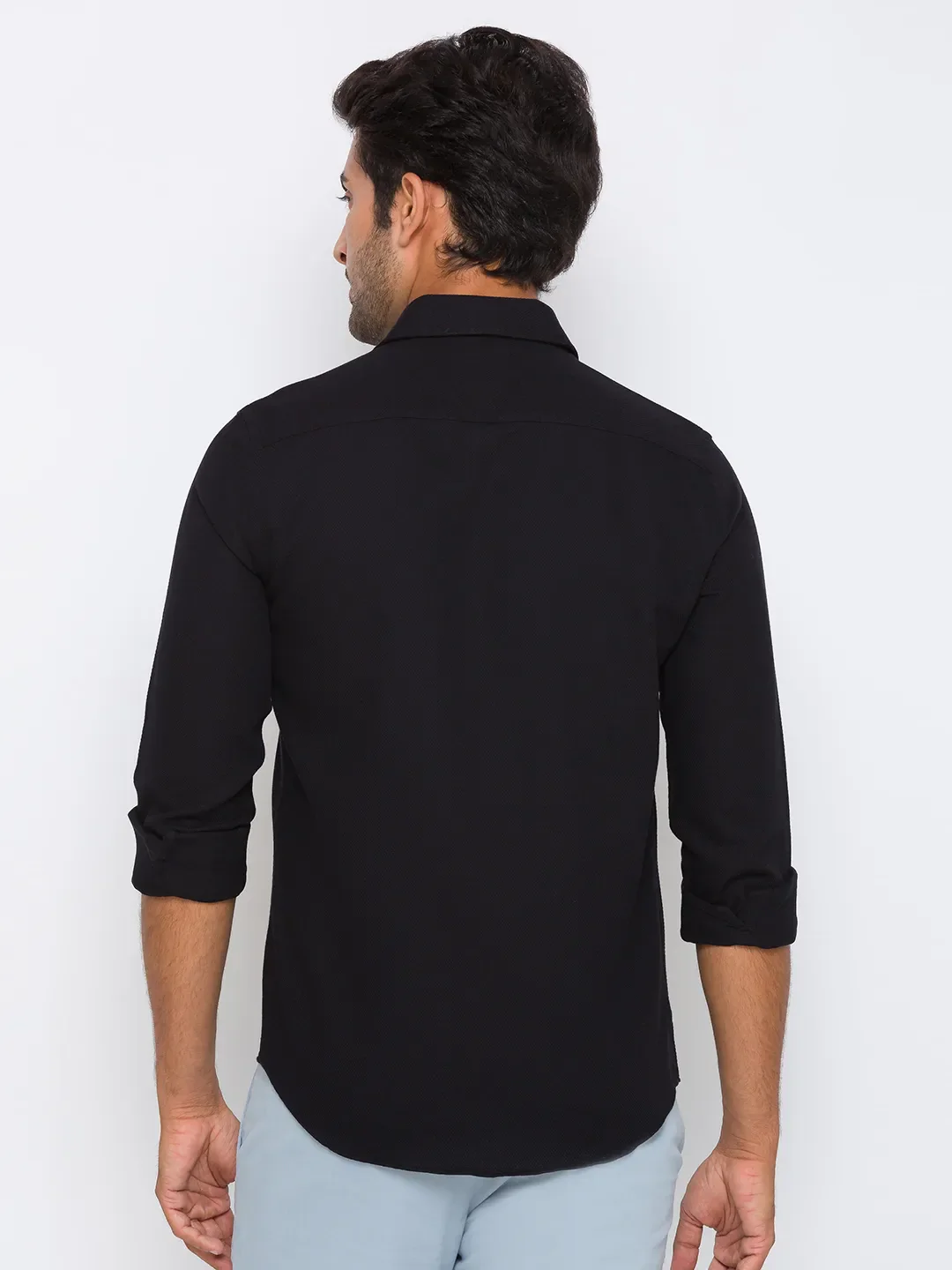 Black Slim Straight Fit Regular Collar Long Sleeves Cotton Men's Shirt by Being Human Clothing - Image 3