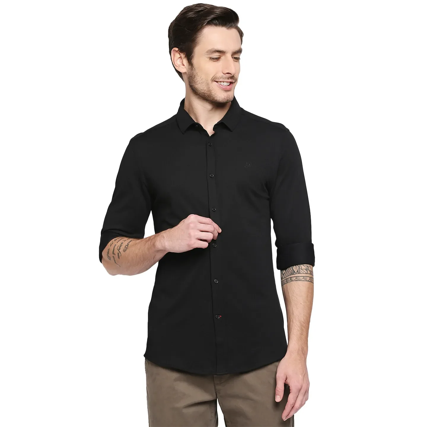 Black Slim Straight Fit Regular Collar Long Sleeves Cotton Men's Shirt by Being Human Clothing