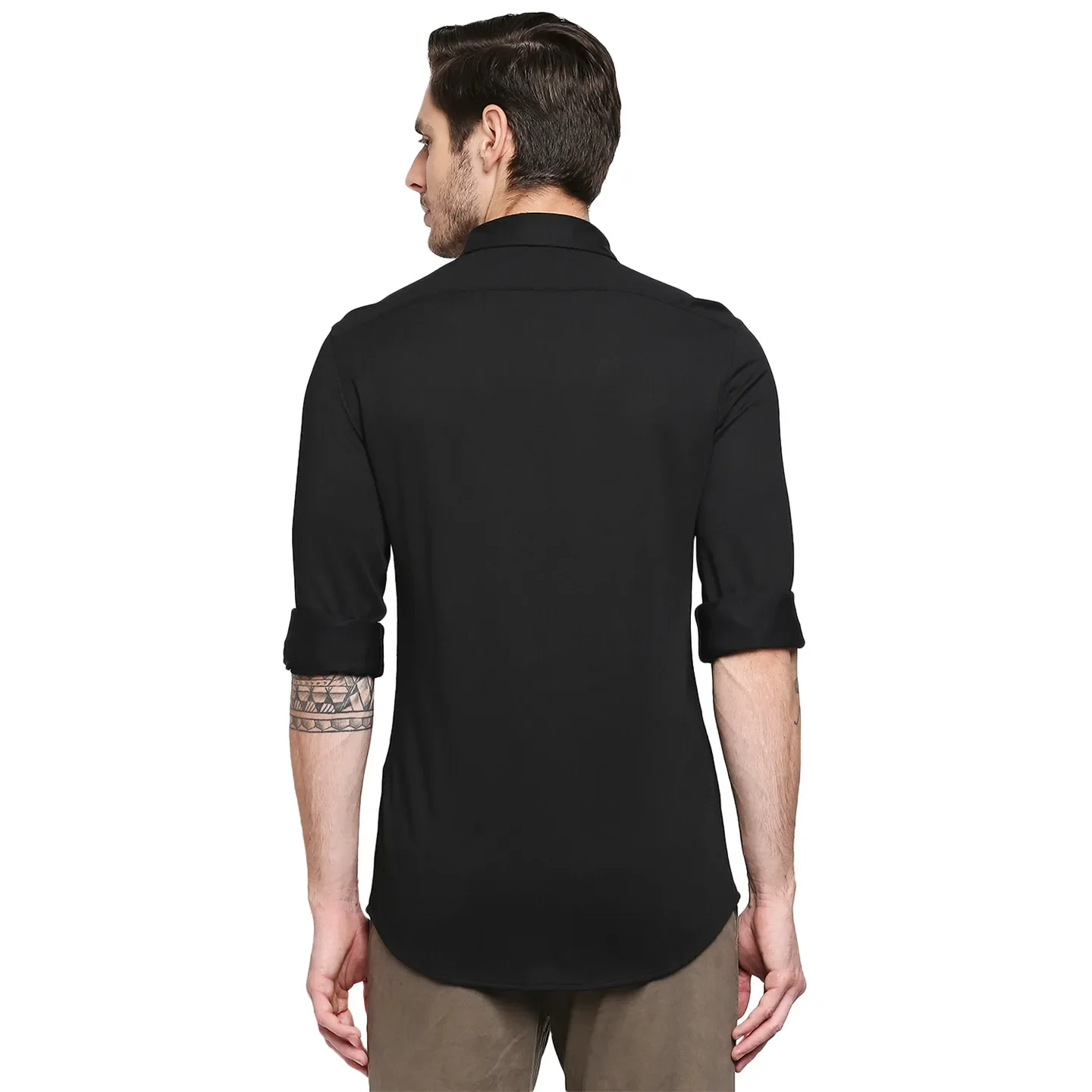 Black Slim Straight Fit Regular Collar Long Sleeves Cotton Men's Shirt by Being Human Clothing - Image 3