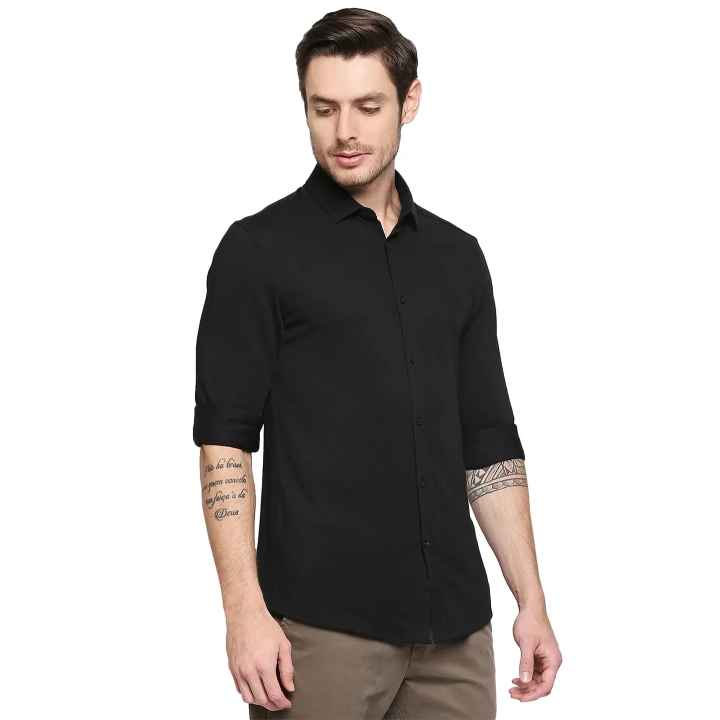 Black Slim Straight Fit Regular Collar Long Sleeves Cotton Men's Shirt by Being Human Clothing - Image 6