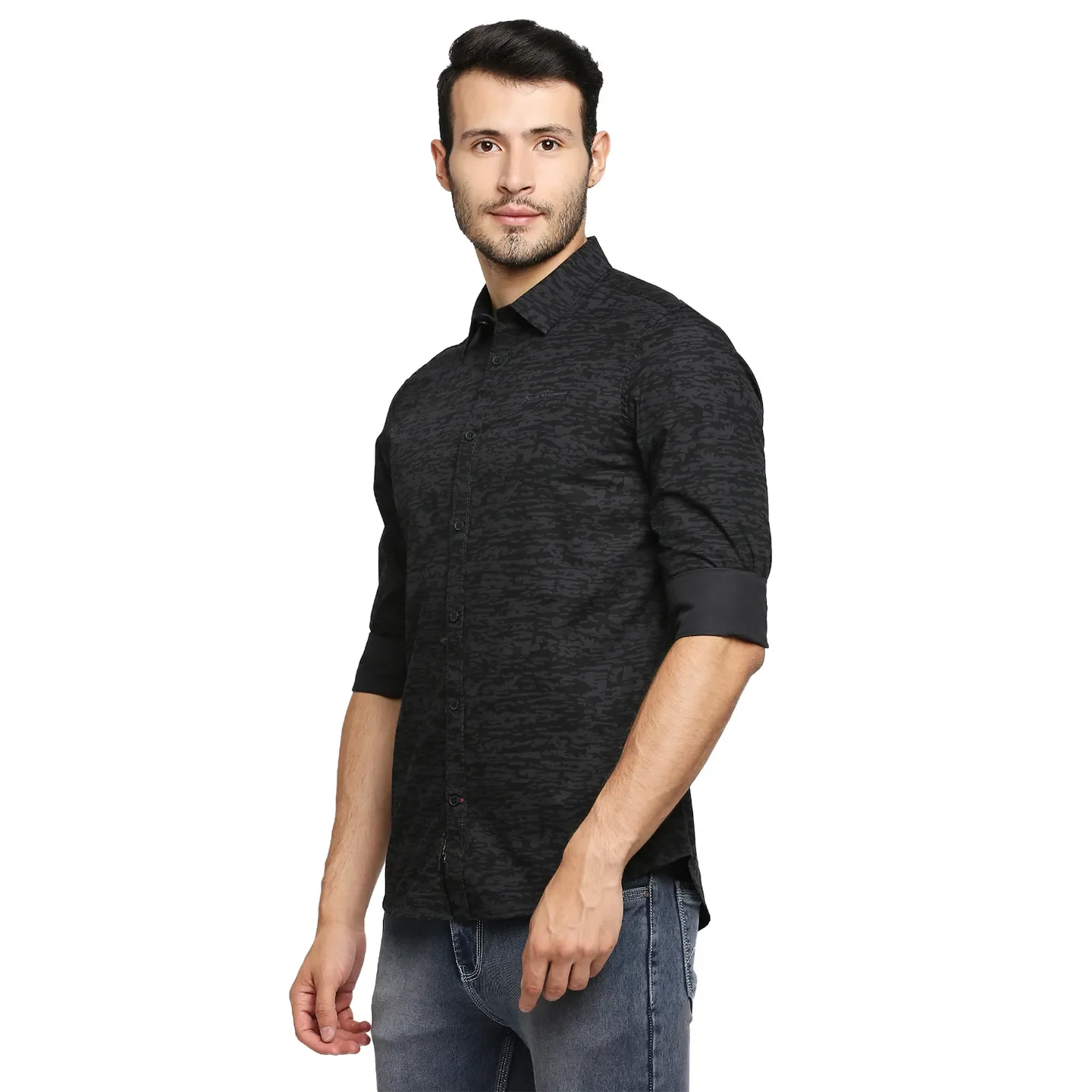 Black Slim Straight Fit Regular Collar Long Sleeves Cotton Men's Shirt by Being Human Clothing - Image 2