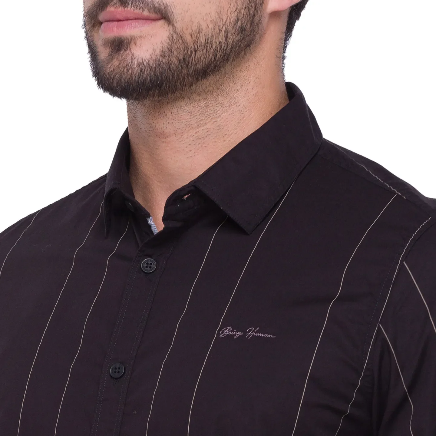 Black Slim Straight Fit Regular Collar Long Sleeves Cotton Men's Shirt by Being Human Clothing - Image 3