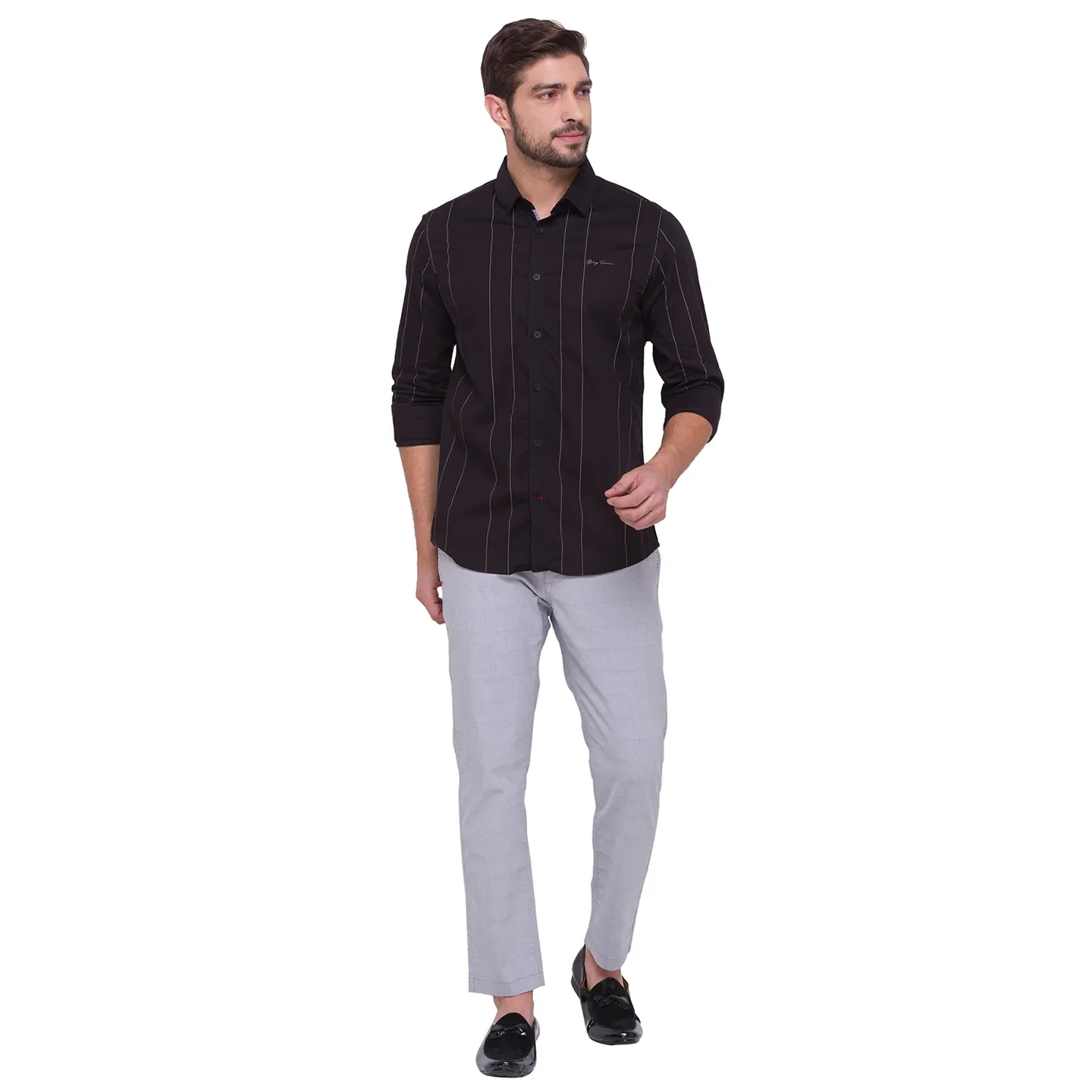 Black Slim Straight Fit Regular Collar Long Sleeves Cotton Men's Shirt by Being Human Clothing - Image 4