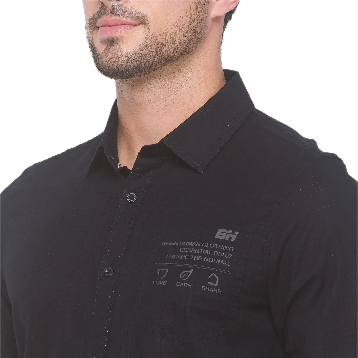 Black Slim Straight Fit Regular Collar Long Sleeves Cotton Men's Shirt by Being Human Clothing - Image 3