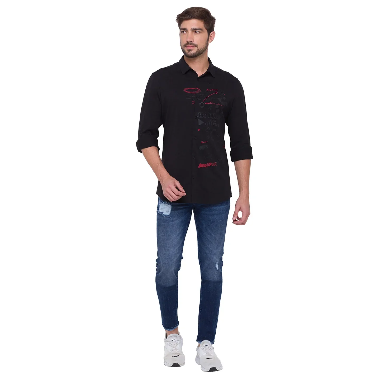 Black Slim Straight Fit Regular Collar Long Sleeves Cotton Men's Shirt by Being Human Clothing - Image 2