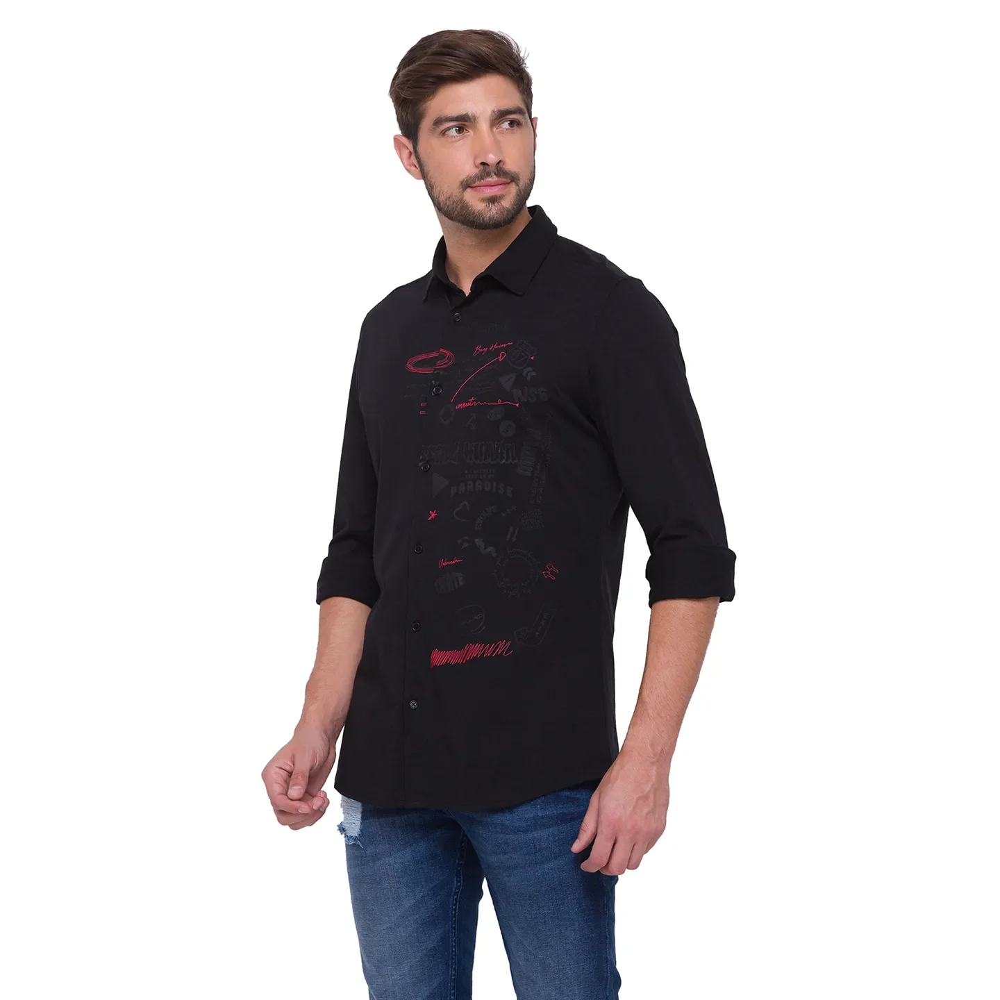 Black Slim Straight Fit Regular Collar Long Sleeves Cotton Men's Shirt by Being Human Clothing - Image 4