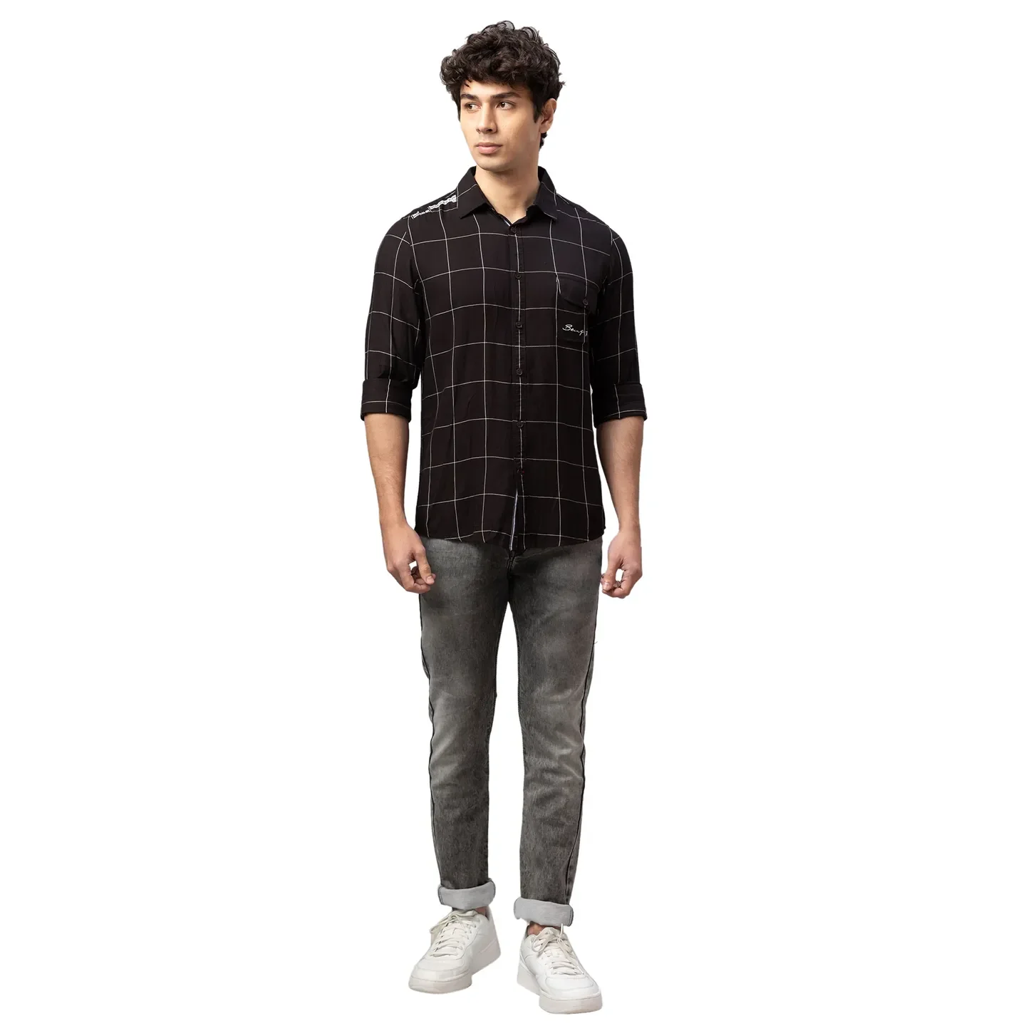 Black Slim Straight Fit Regular Collar Long Sleeves Others Men's Shirt by Being Human Clothing - Image 2