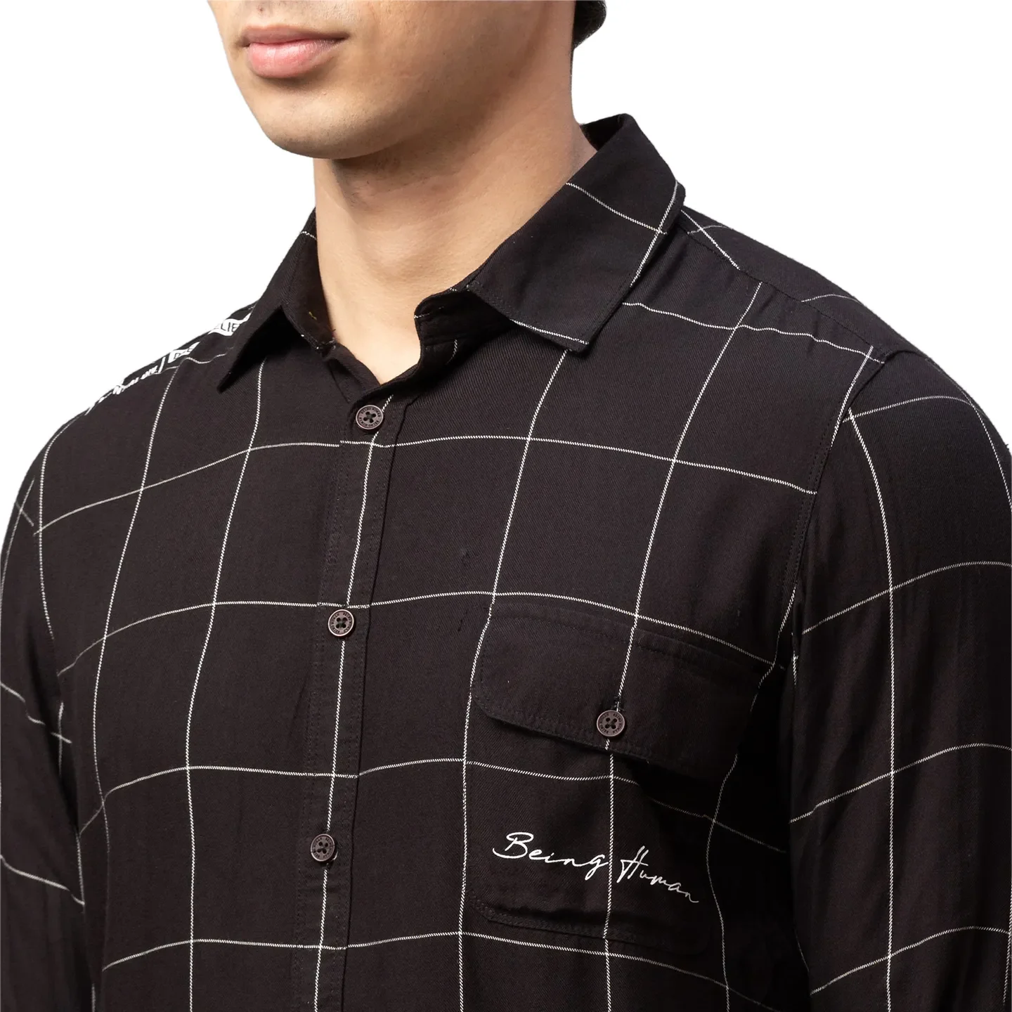 Black Slim Straight Fit Regular Collar Long Sleeves Others Men's Shirt by Being Human Clothing - Image 5