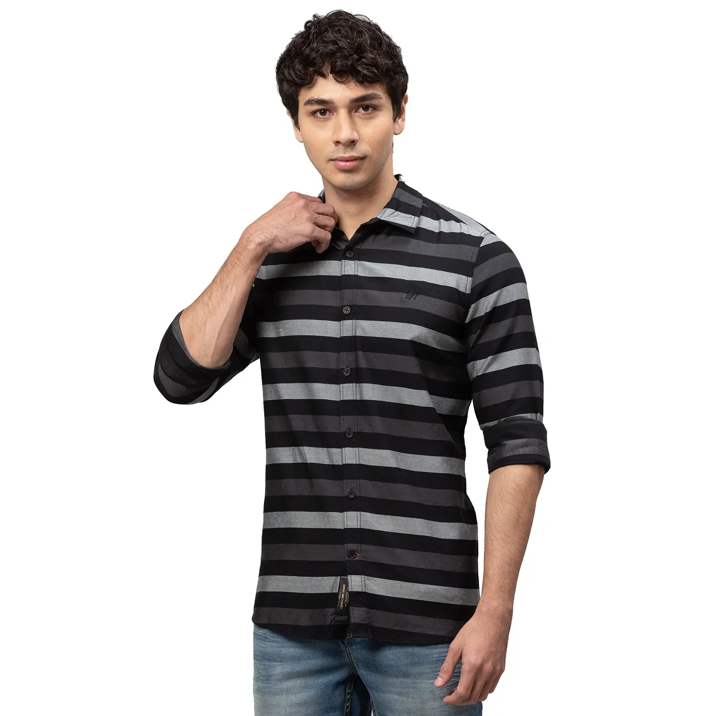 Black Slim Straight Fit Regular Collar Long Sleeves Cotton Men's Shirt by Being Human Clothing