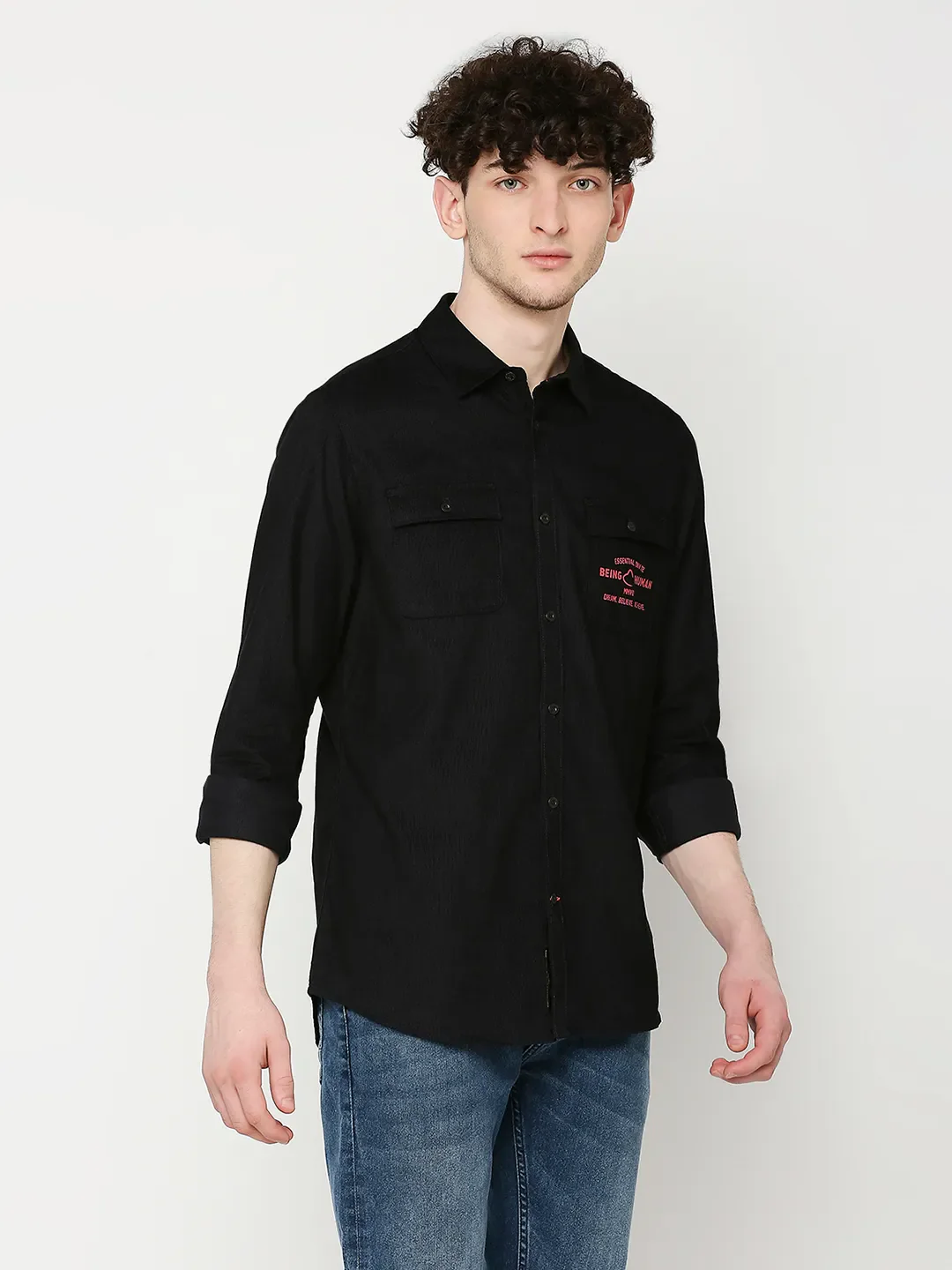 Black Slim Straight Fit Regular Collar Long Sleeves Cotton Men's Shirt by Being Human Clothing - Image 3