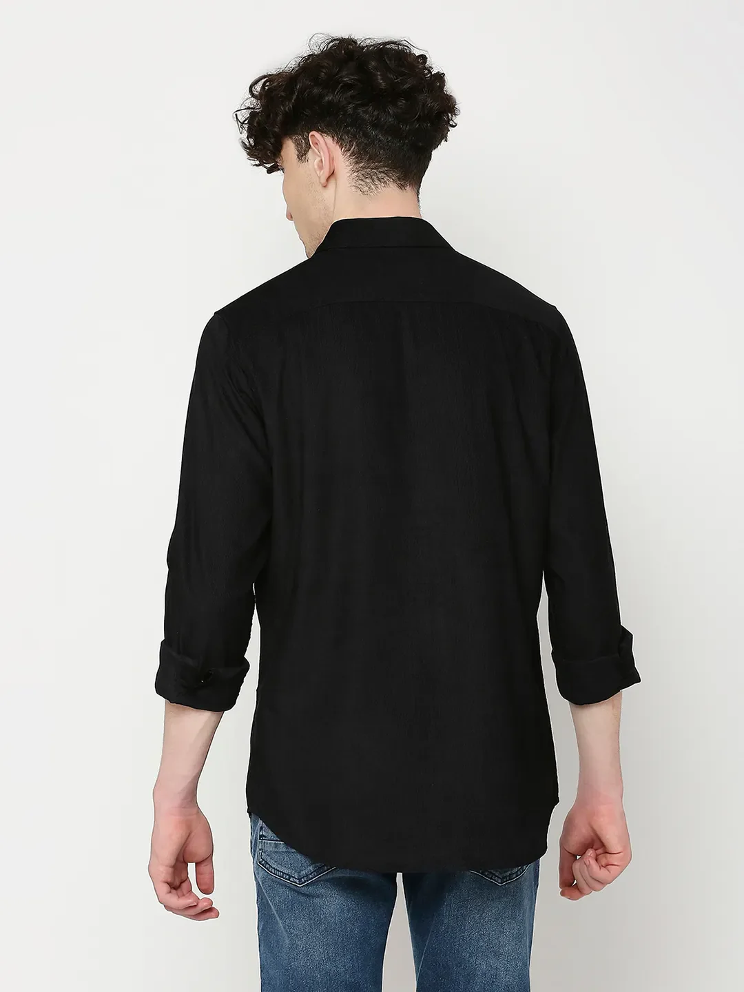 Black Slim Straight Fit Regular Collar Long Sleeves Cotton Men's Shirt by Being Human Clothing - Image 4