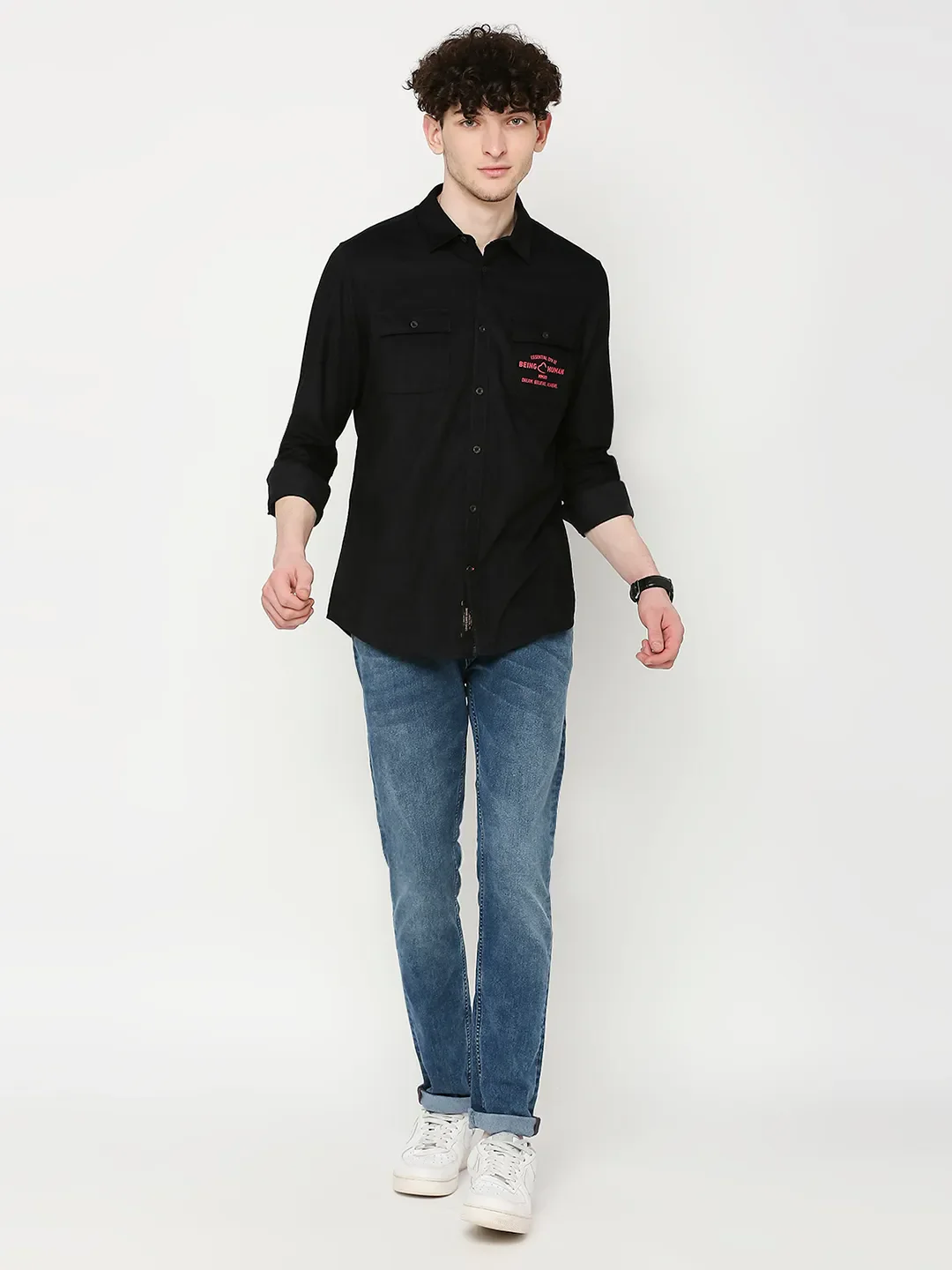 Black Slim Straight Fit Regular Collar Long Sleeves Cotton Men's Shirt by Being Human Clothing - Image 6