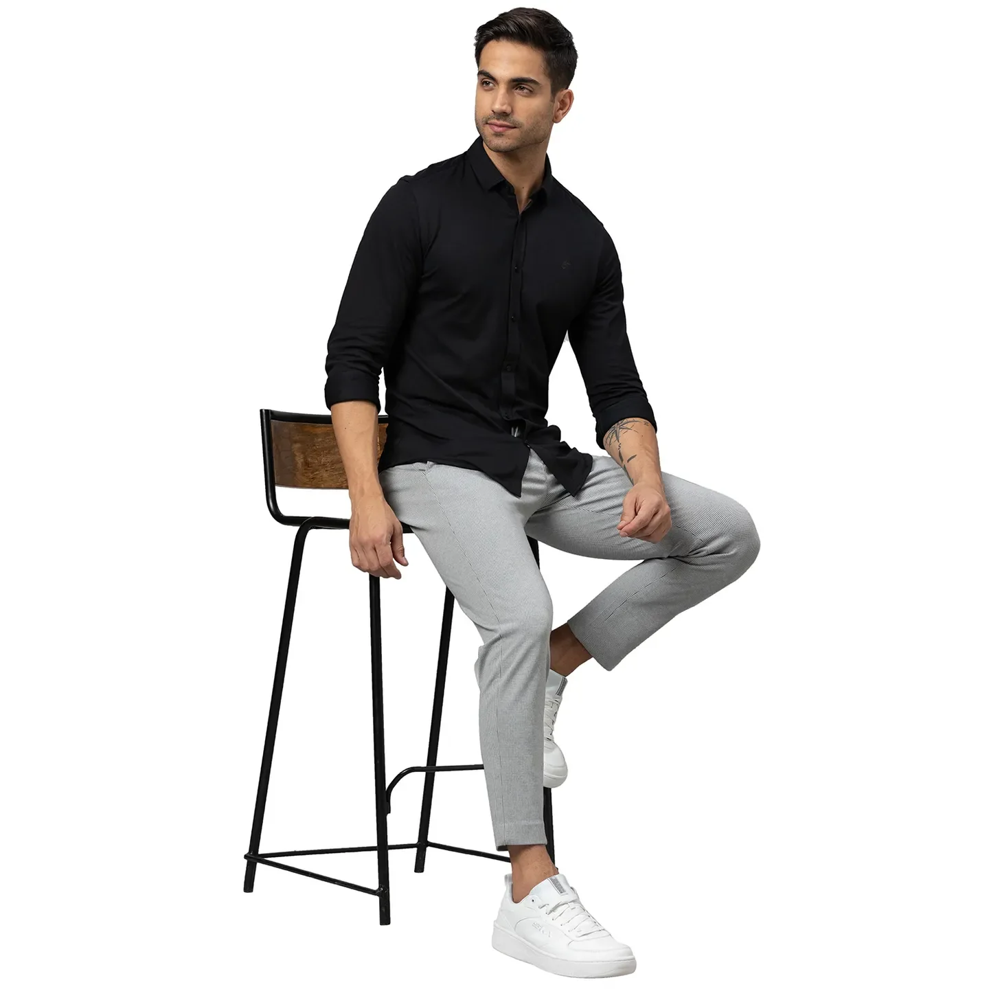 Black Slim Straight Fit Regular Collar Long Sleeves Cotton Men's Shirt by Being Human Clothing - Image 2