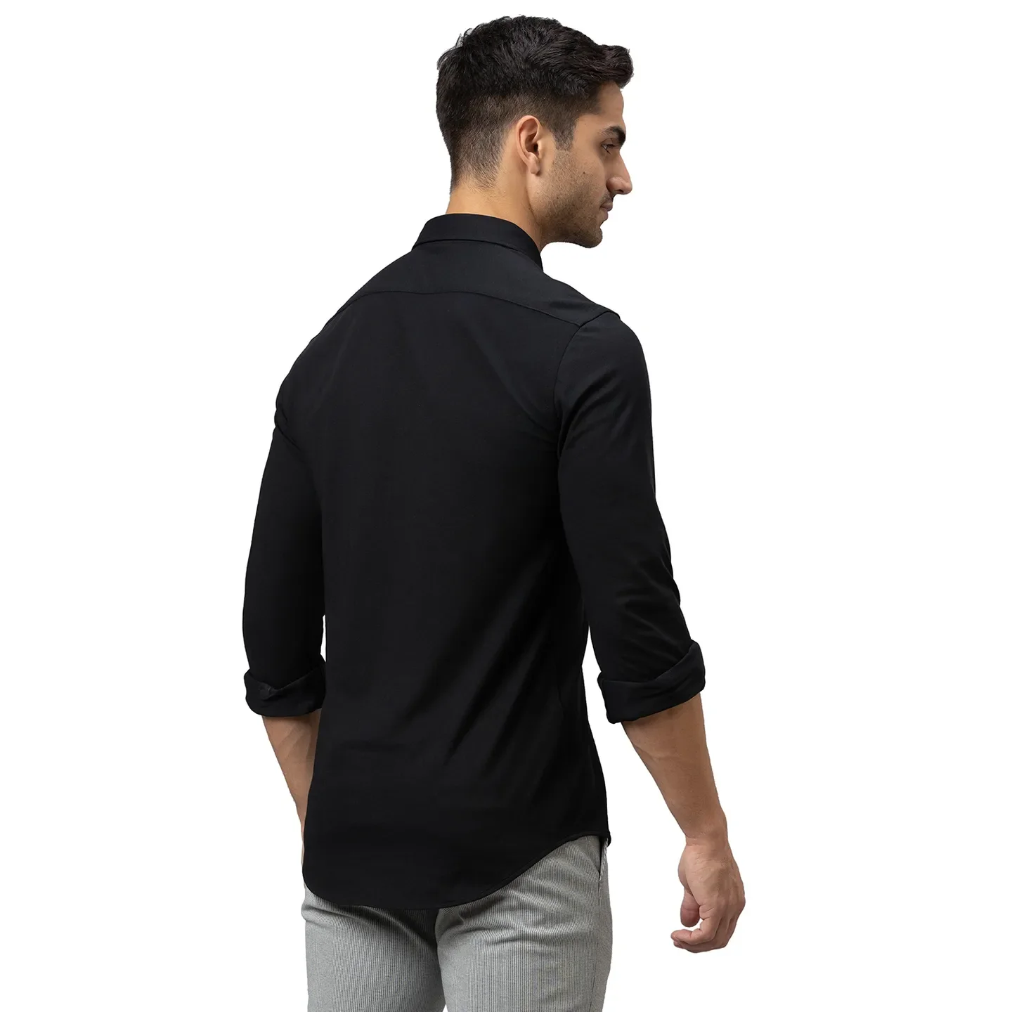 Black Slim Straight Fit Regular Collar Long Sleeves Cotton Men's Shirt by Being Human Clothing - Image 3