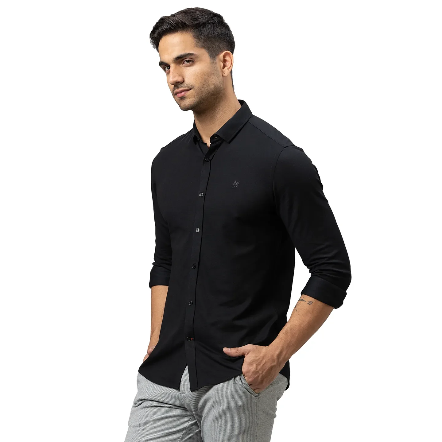 Black Slim Straight Fit Regular Collar Long Sleeves Cotton Men's Shirt by Being Human Clothing - Image 4