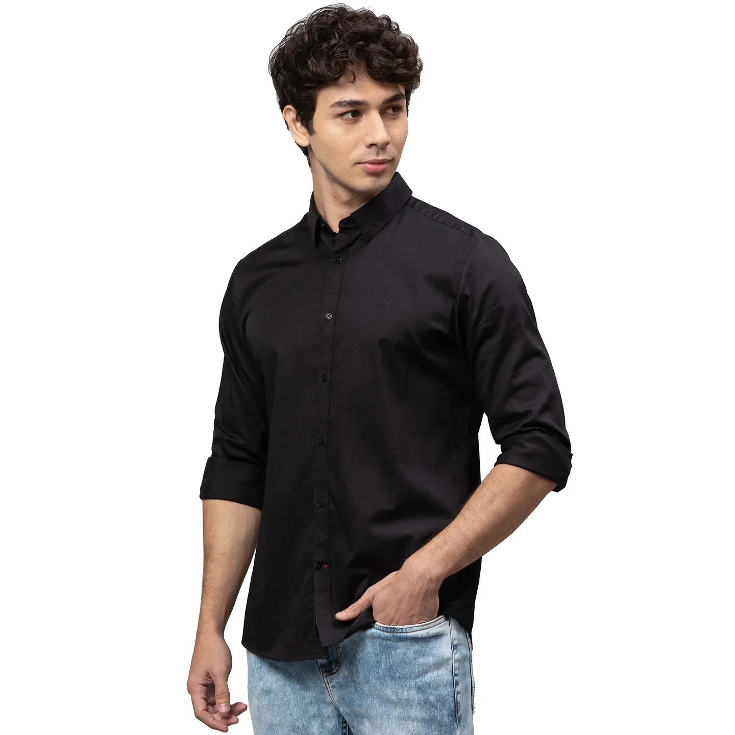 Black Slim Straight Fit Regular Collar Long Sleeves Cotton Men's Shirt by Being Human Clothing - Image 4