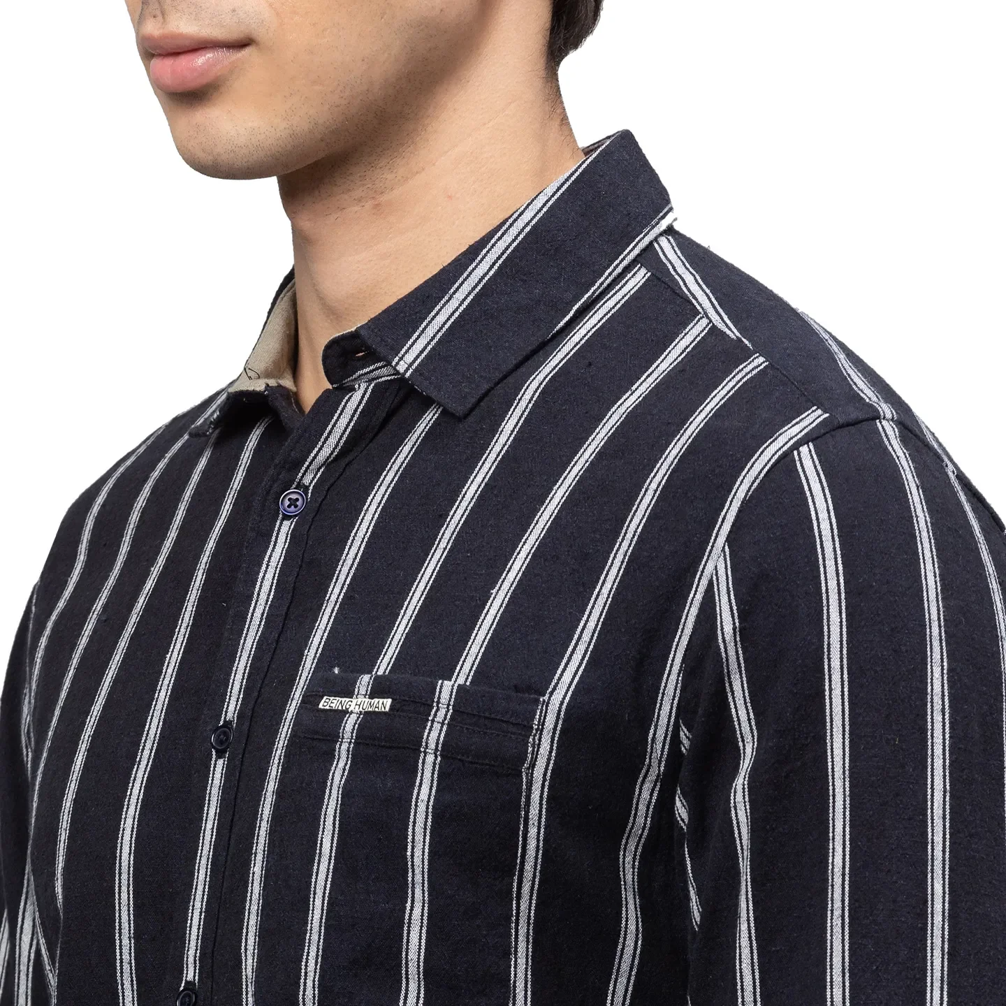 Black Slim Straight Fit Regular Collar Long Sleeves Cotton Men's Shirt by Being Human Clothing - Image 5