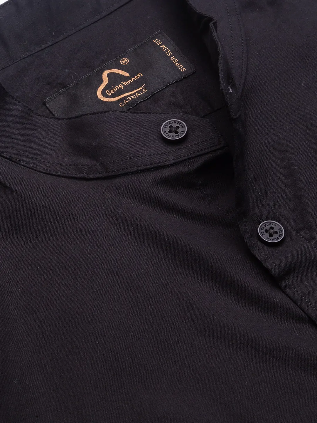 Black Skinny Straight Fit Mandarin Collar Long Sleeves Cotton Men's Shirt by Being Human Clothing - Image 2