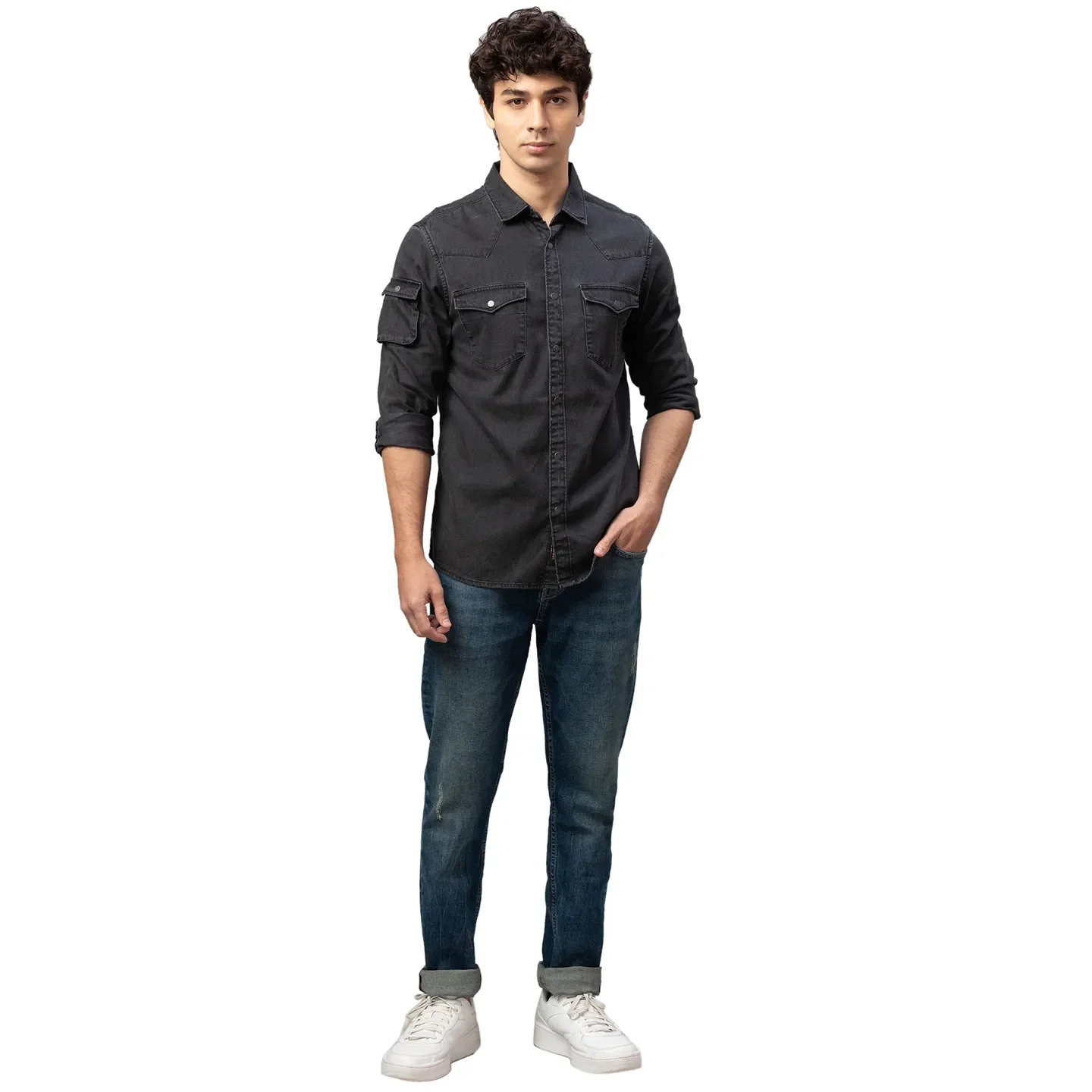 Black Slim Straight Fit Regular Collar Long Sleeves Cotton Men's Shirt by Being Human Clothing - Image 2
