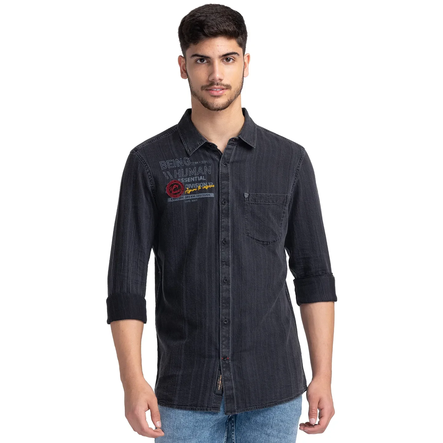 Black Slim Straight Fit Regular Collar Long Sleeves Cotton Men's Shirt by Being Human Clothing