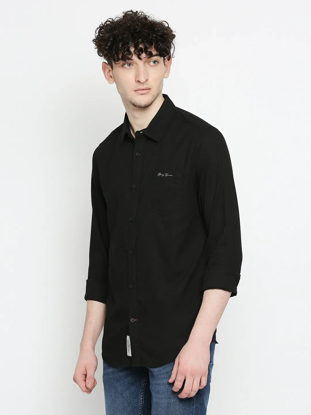 Black Slim Straight Fit Regular Collar Long Sleeves Cotton Men's Shirt by Being Human Clothing - Image 2