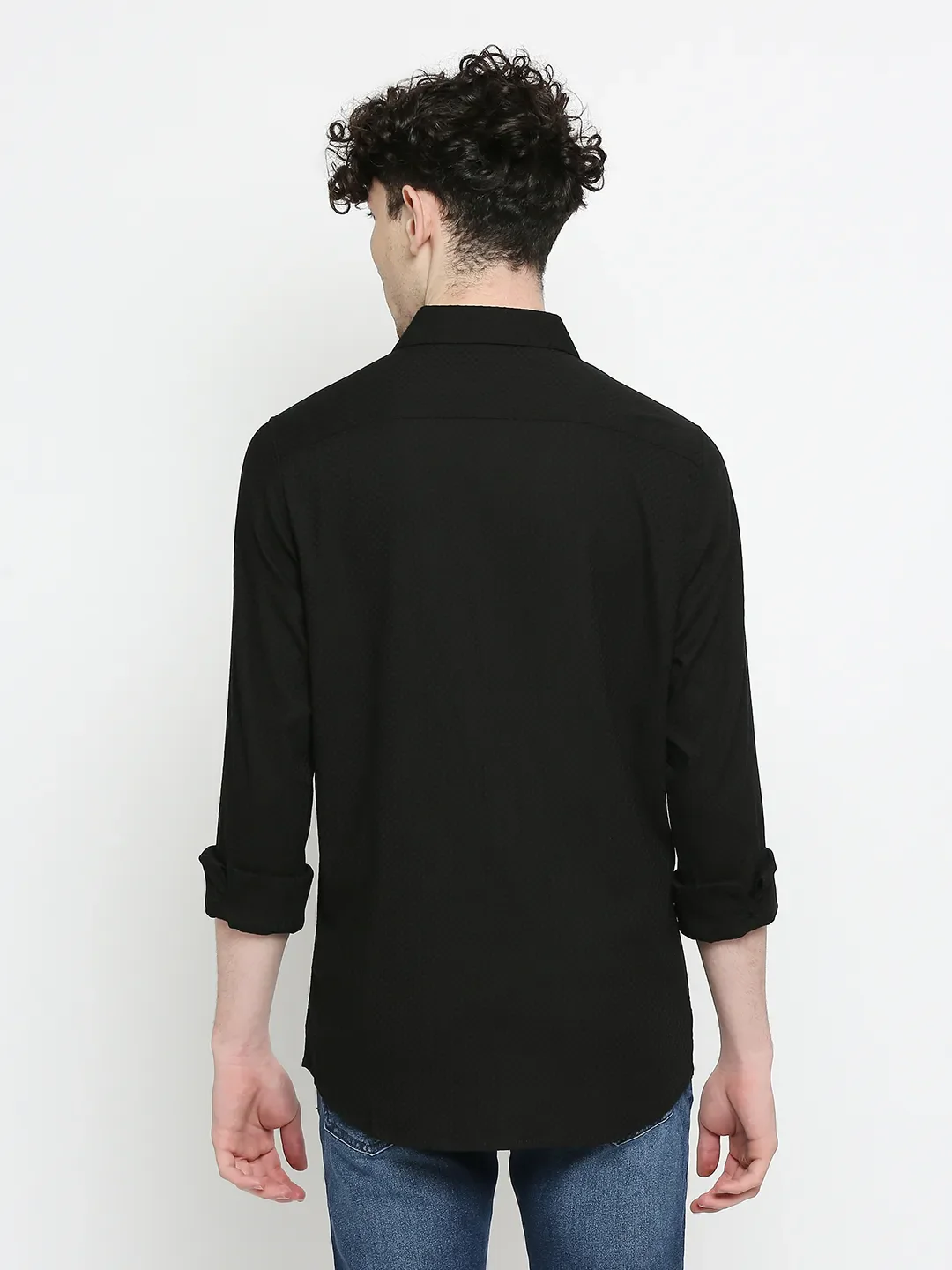 Black Slim Straight Fit Regular Collar Long Sleeves Cotton Men's Shirt by Being Human Clothing - Image 4