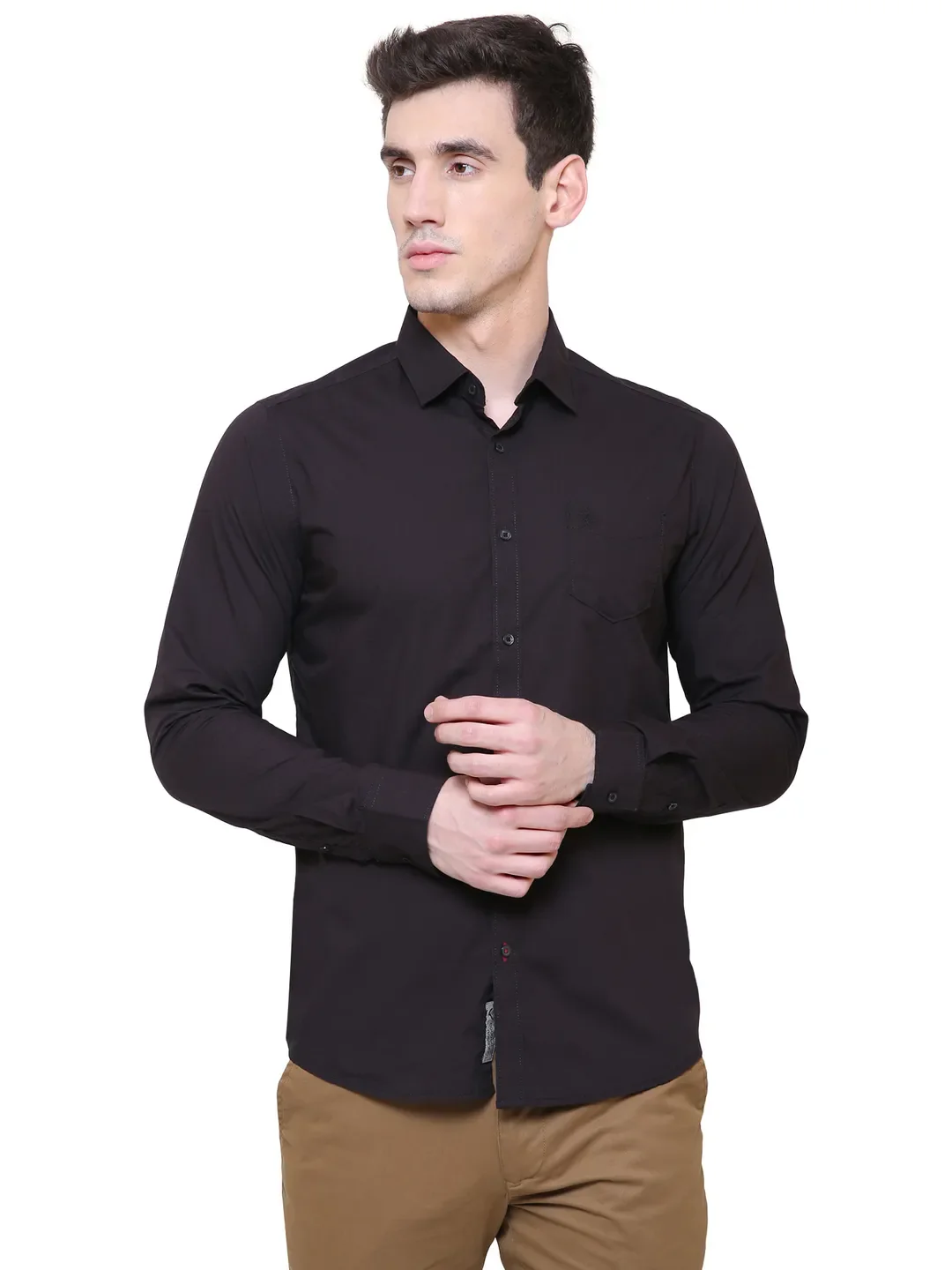 Black Slim Straight Fit Regular Collar Long Sleeves Cotton Men's Shirt by Being Human Clothing