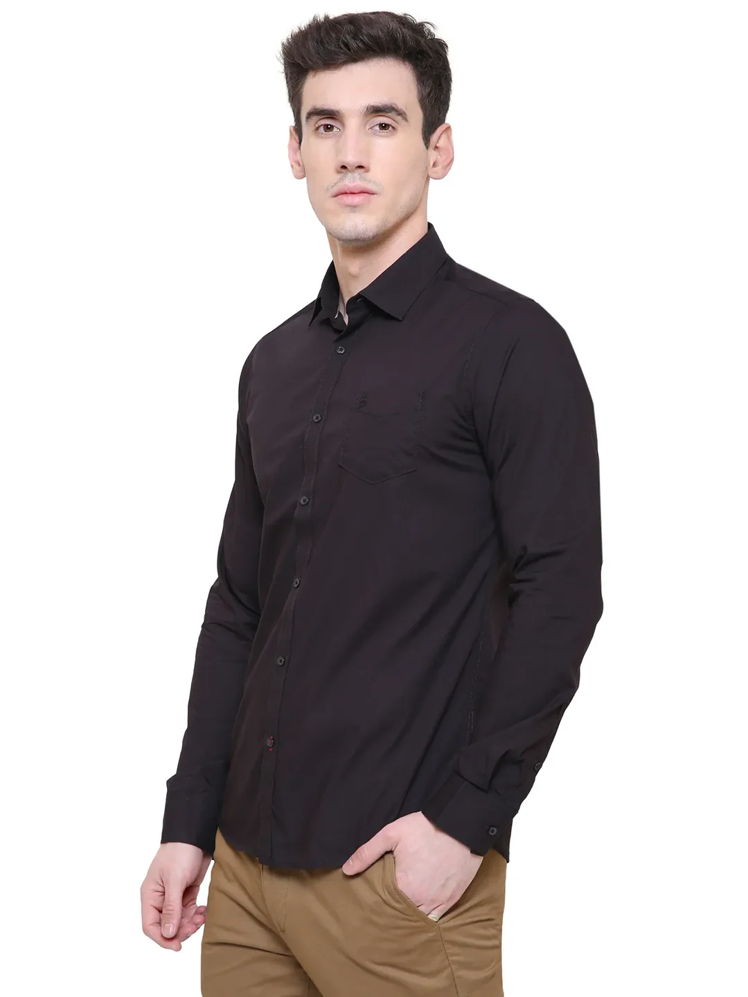 Black Slim Straight Fit Regular Collar Long Sleeves Cotton Men's Shirt by Being Human Clothing - Image 3