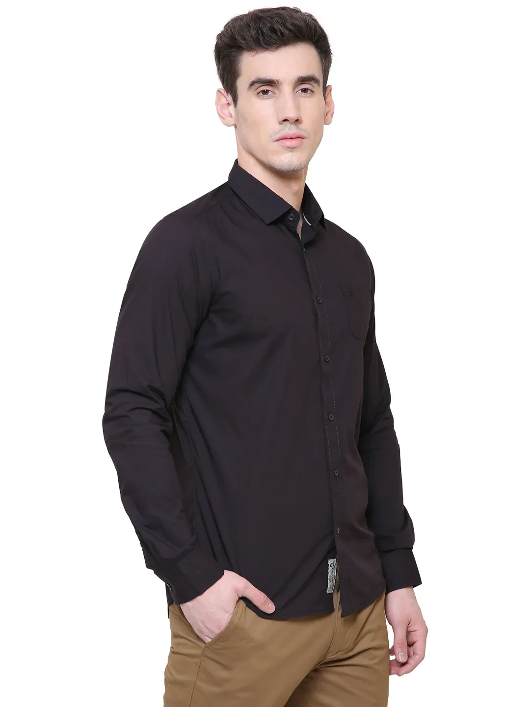 Black Slim Straight Fit Regular Collar Long Sleeves Cotton Men's Shirt by Being Human Clothing - Image 4