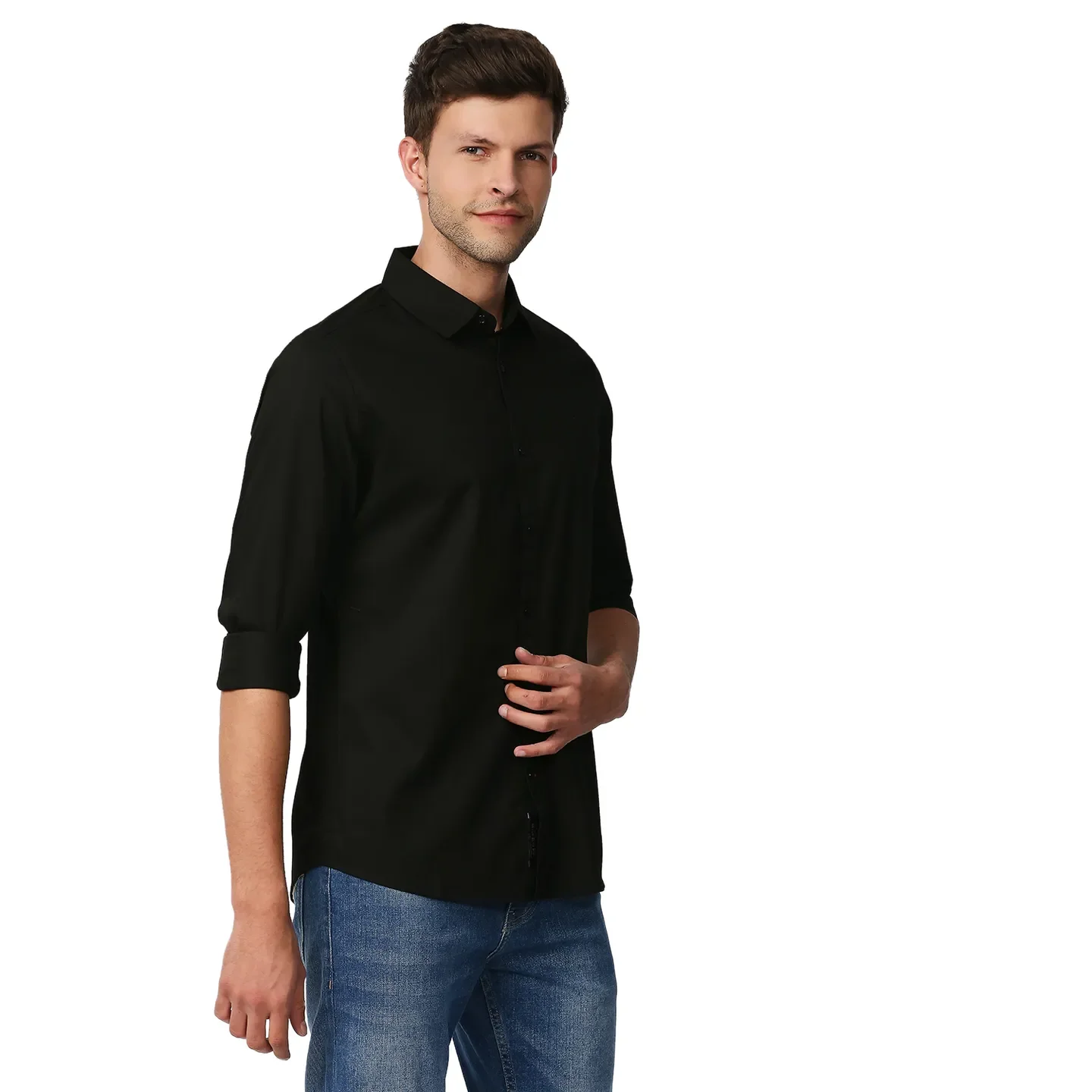 Black Slim Straight Fit Regular Collar Long Sleeves Men's Shirt by Being Human Clothing - Image 3