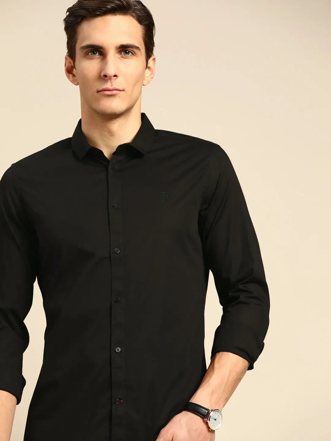 Black Slim Straight Fit Regular Collar Long Sleeves Cotton Men's Shirt by Being Human Clothing