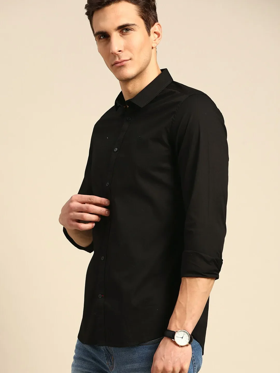Black Slim Straight Fit Regular Collar Long Sleeves Cotton Men's Shirt by Being Human Clothing - Image 2