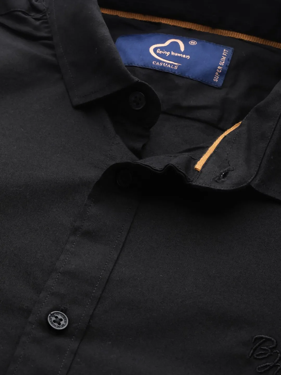 Black Slim Straight Fit Regular Collar Long Sleeves Cotton Men's Shirt by Being Human Clothing - Image 4