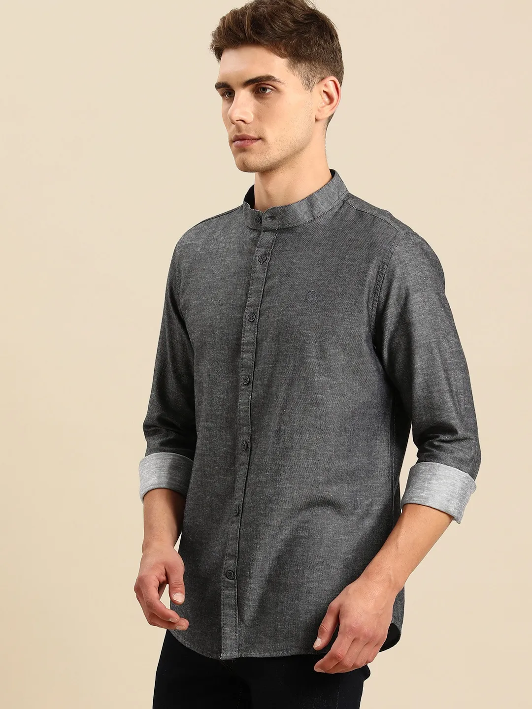 Black Slim Straight Fit Mandarin Collar Long Sleeves Cotton Men's Shirt by Being Human Clothing - Image 2
