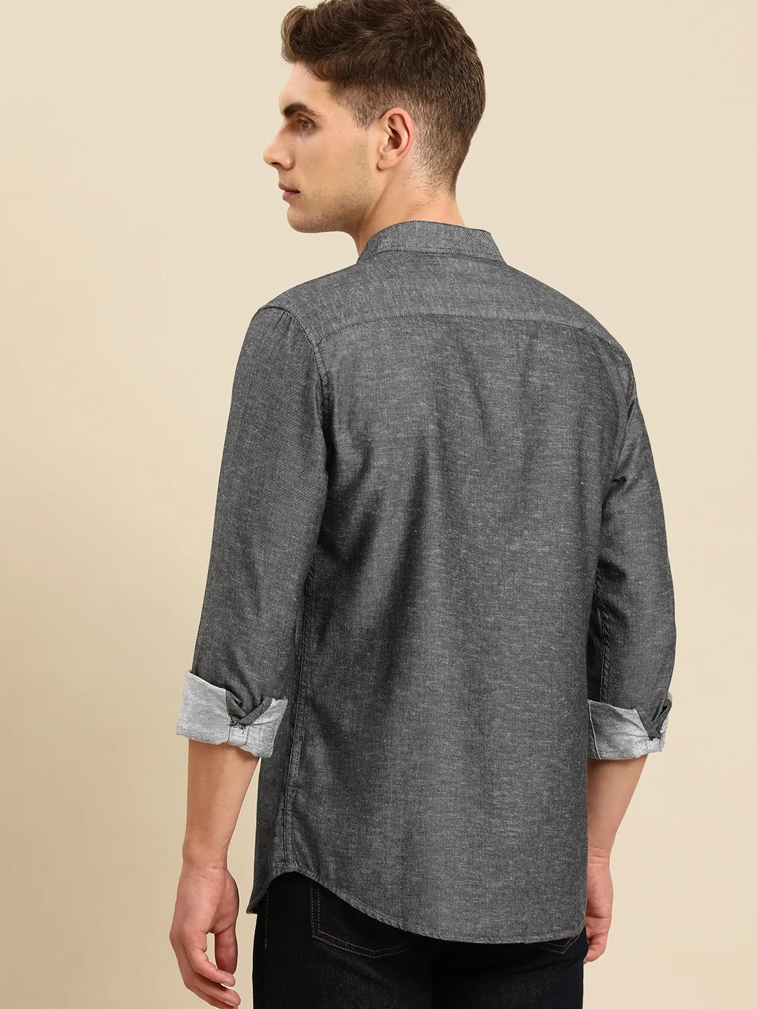 Black Slim Straight Fit Mandarin Collar Long Sleeves Cotton Men's Shirt by Being Human Clothing - Image 3