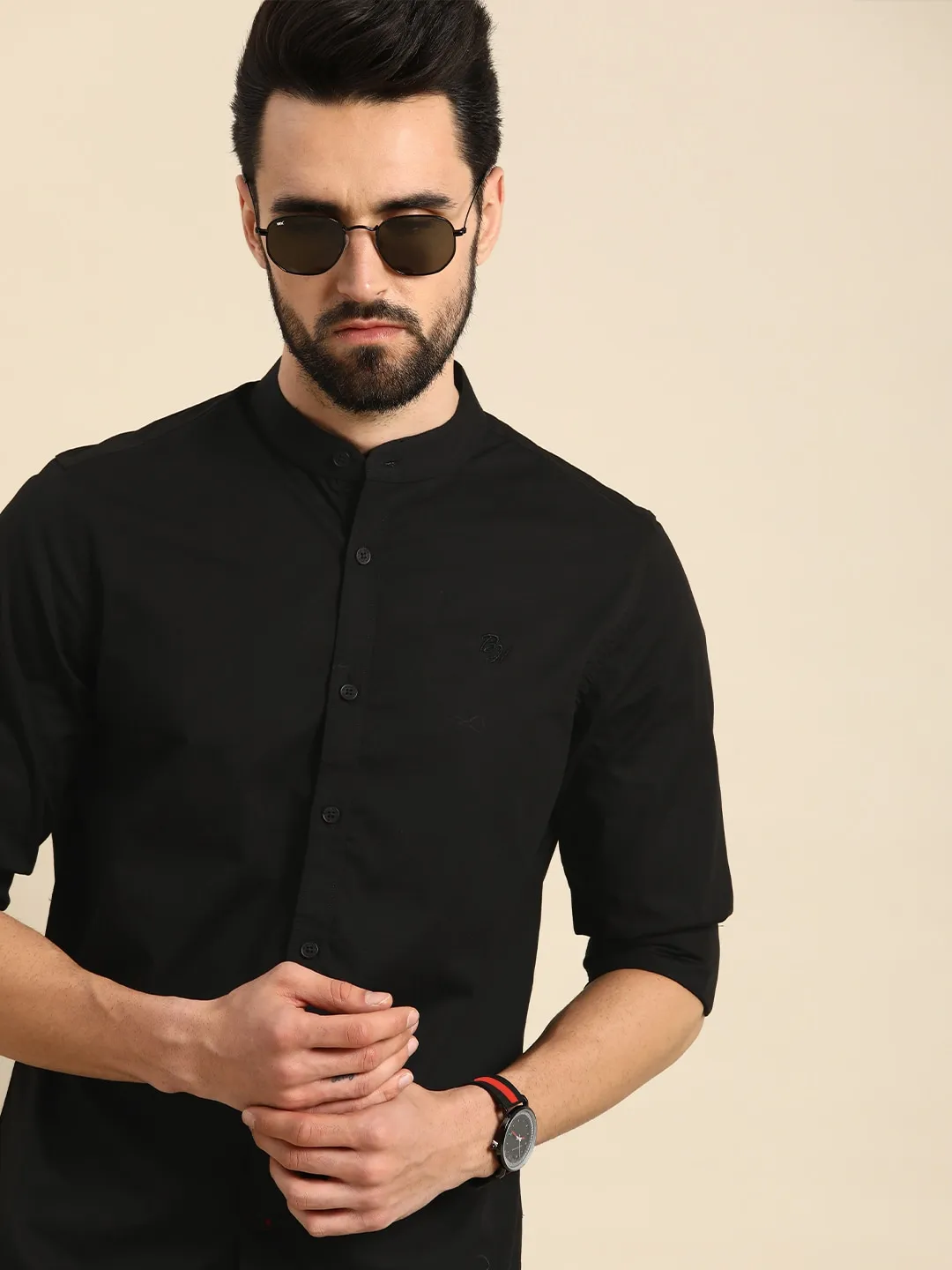 Black Super Slim Fit Mandarin Collar Long Sleeves Men's Shirt by Being Human Clothing