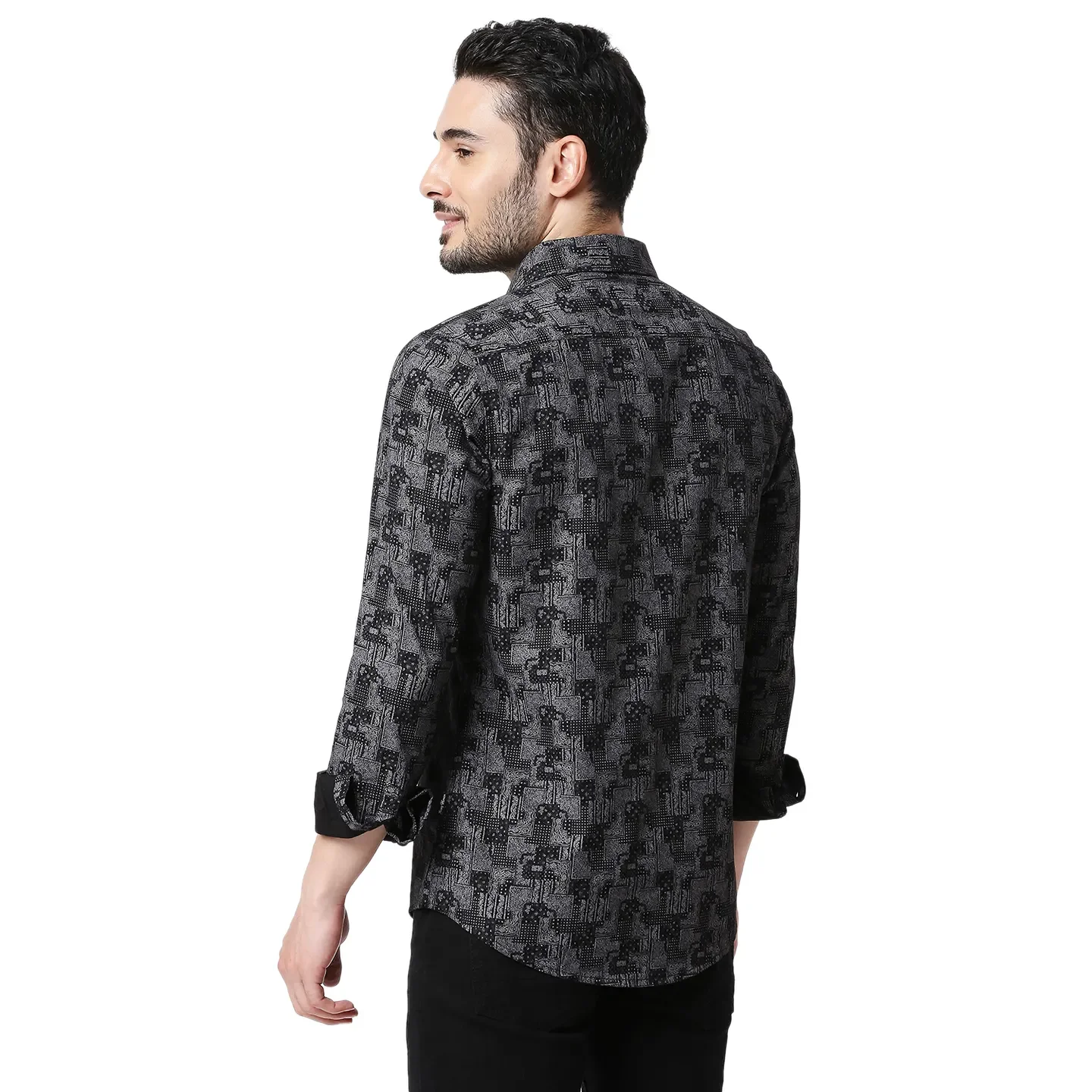 Black Slim Straight Fit Regular Collar Long Sleeves Cotton Men's Shirt by Being Human Clothing - Image 3