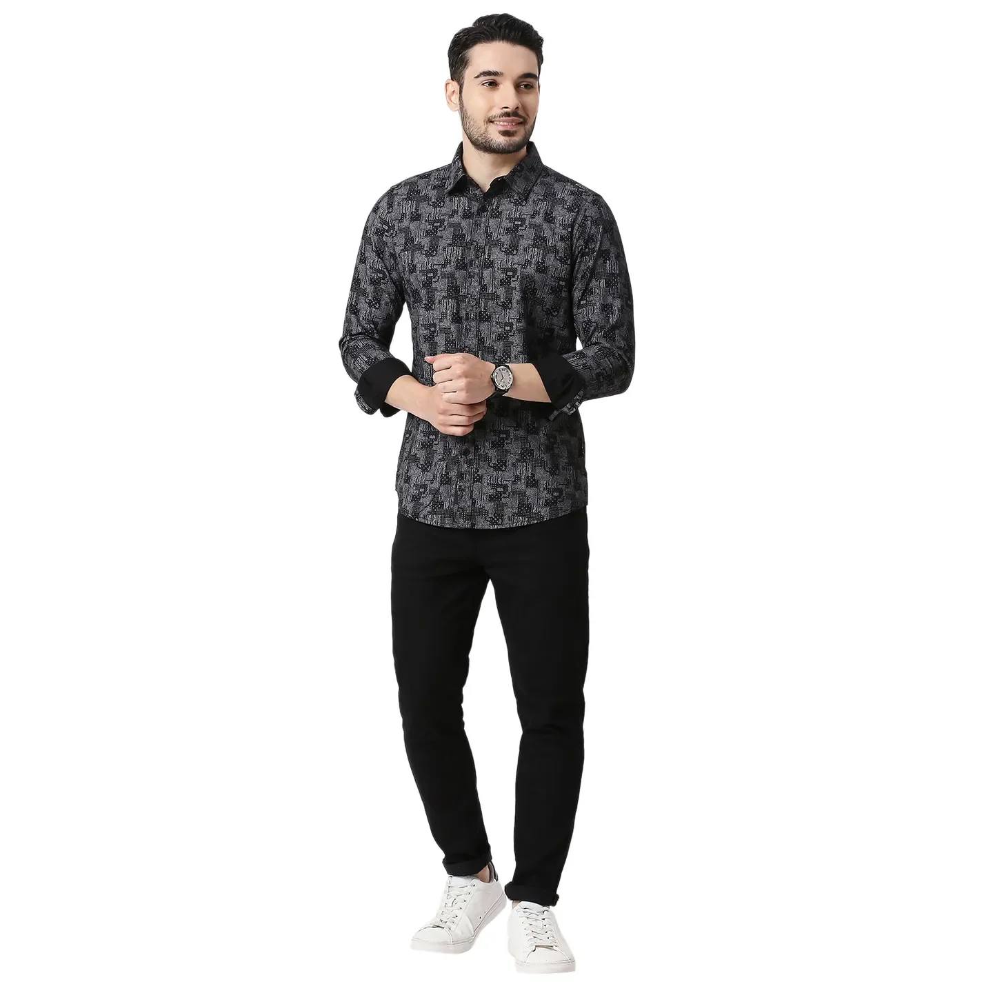 Black Slim Straight Fit Regular Collar Long Sleeves Cotton Men's Shirt by Being Human Clothing - Image 5