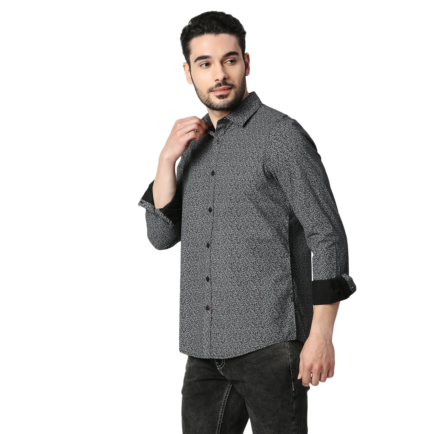 Black Slim Straight Fit Regular Collar Long Sleeves Cotton Men's Shirt by Being Human Clothing - Image 2