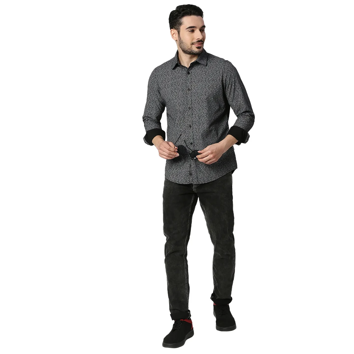 Black Slim Straight Fit Regular Collar Long Sleeves Cotton Men's Shirt by Being Human Clothing - Image 5